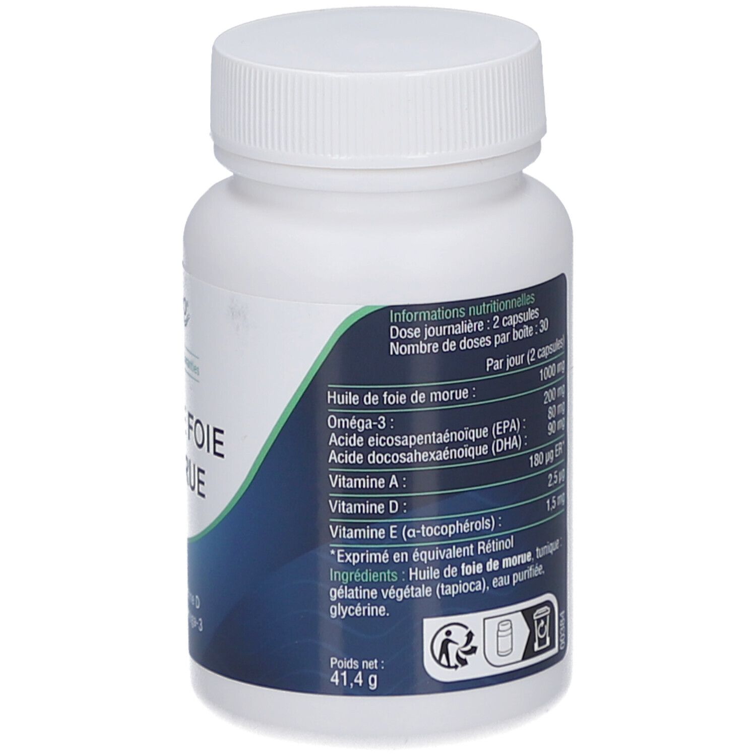 Dos du flacon avec informations nutritionnelles. Texte: Huile de Foie de Morue. Ingrédients et dosage. 60 capsules. Poids net: 41,4 g.