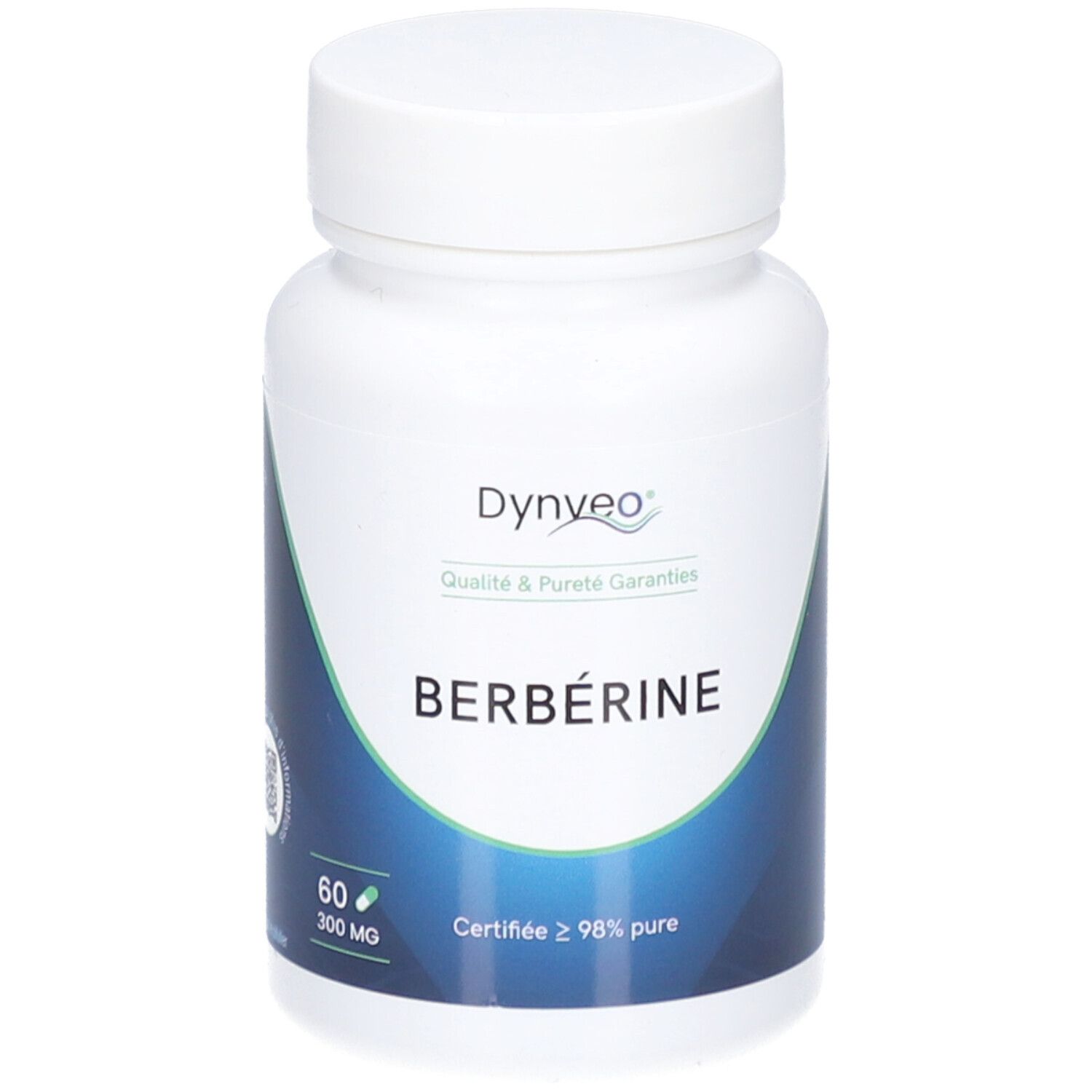 Flacon blanc de gélules. Inscription: DYNVEO, Berbérine. Certifié ≥ 98% pur. 60 gélules, 300 mg.