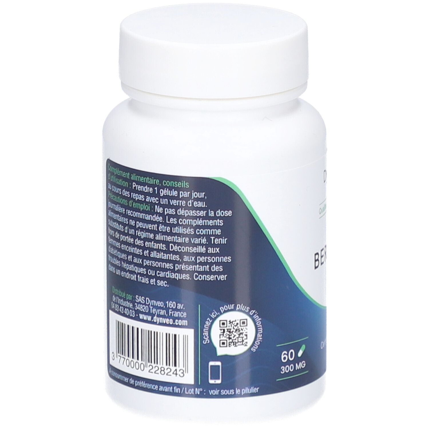 Dos d'un flacon blanc de gélules. Inscription: DYNVEO, Berbérine. Code QR, 60 gélules, 300 mg.