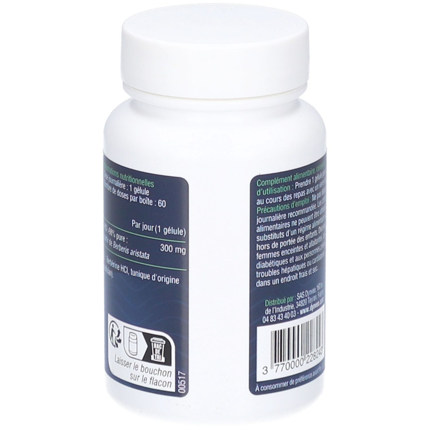 Dos d'un flacon blanc de gélules. Inscription: DYNVEO, Berbérine. Liste des ingrédients, 60 gélules, 300 mg.