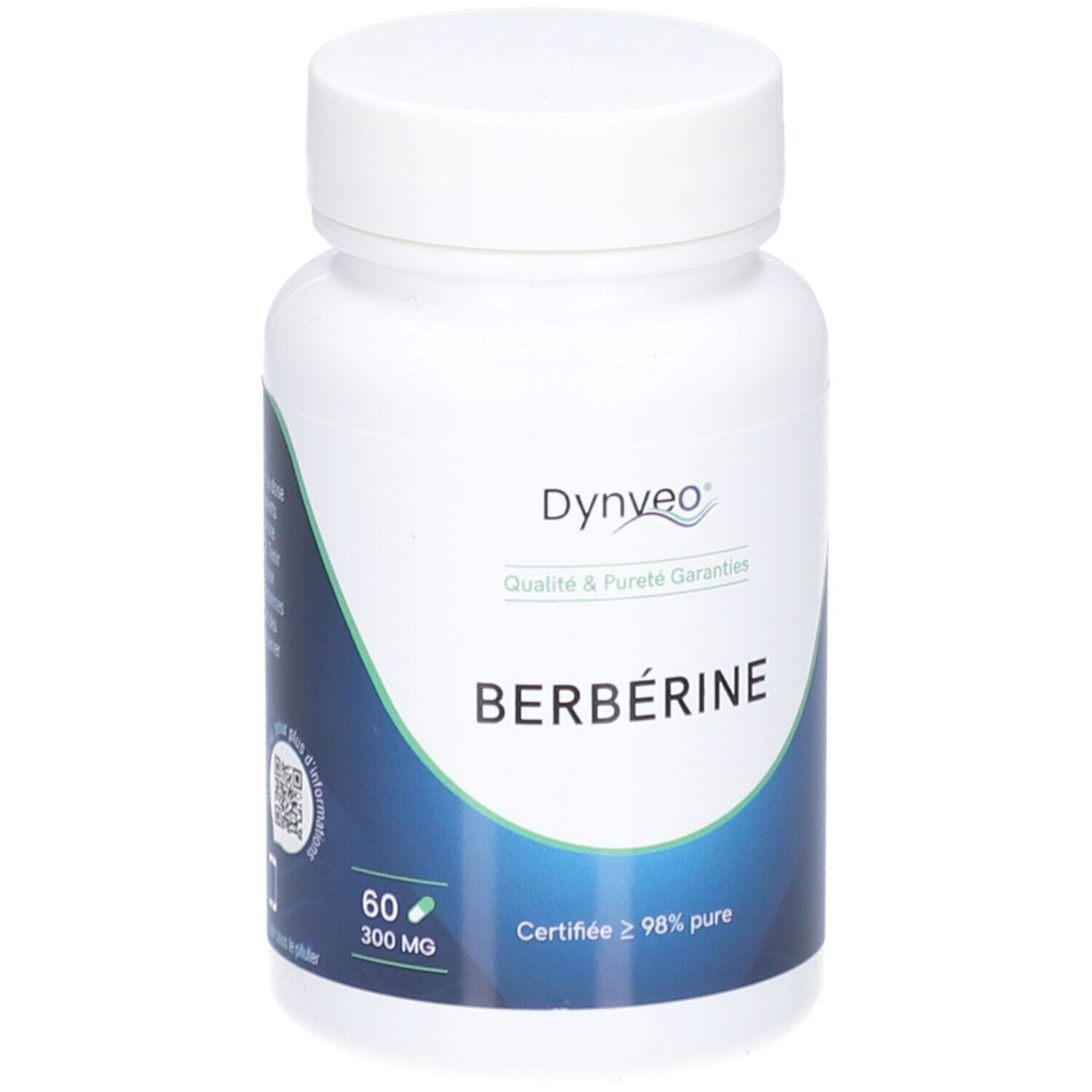 Flacon blanc de gélules. Inscription: DYNVEO, Berbérine. Certifié ≥ 98% pur. 60 gélules, 300 mg.