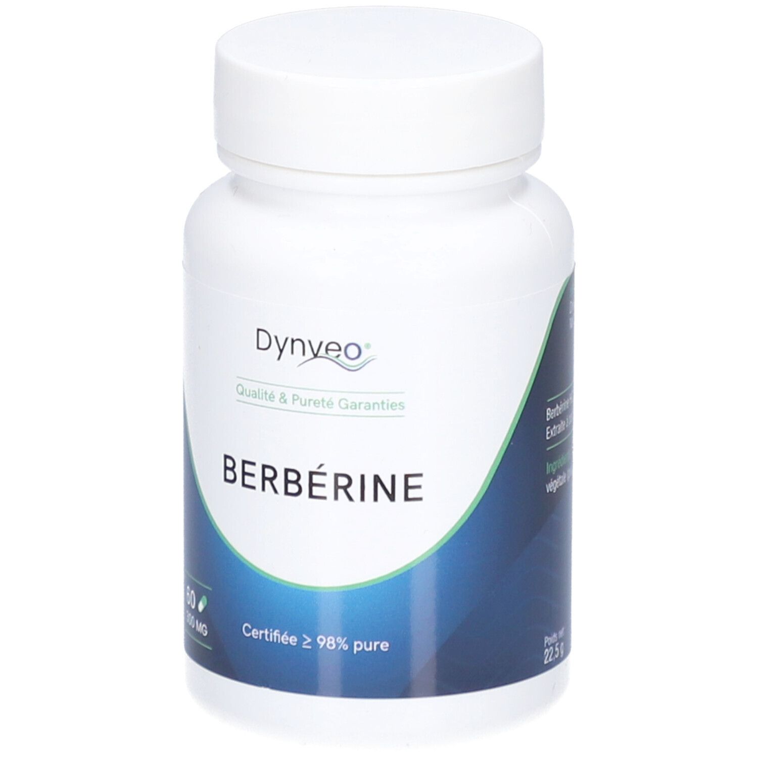 Flacon blanc de gélules. Inscription: DYNVEO, Berbérine. Certifié ≥ 98% pur. 60 gélules, 300 mg.
