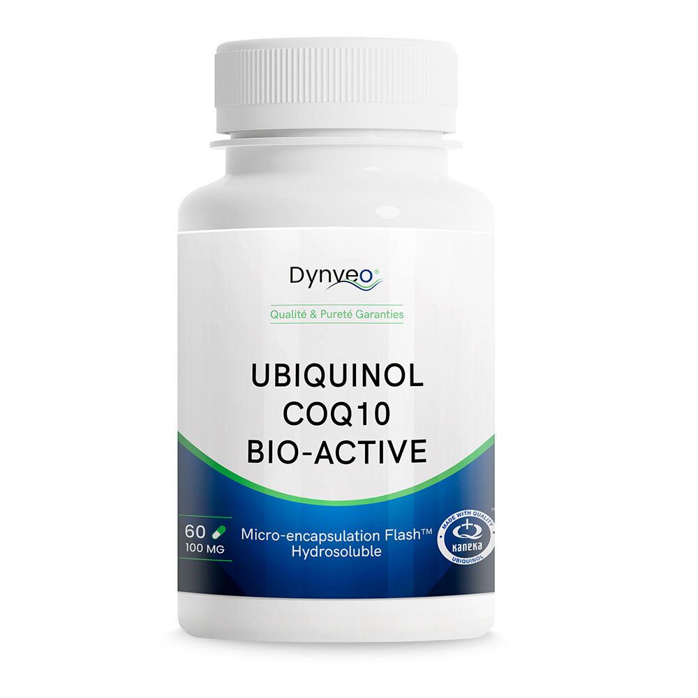 Weiße Flasche mit DYNVEO Ubiquinol Coq10 Bio-Active. 60 Kapseln, 100 mg. Aufschrift: Micro-encapsulation Flash, Hydrosoluble.