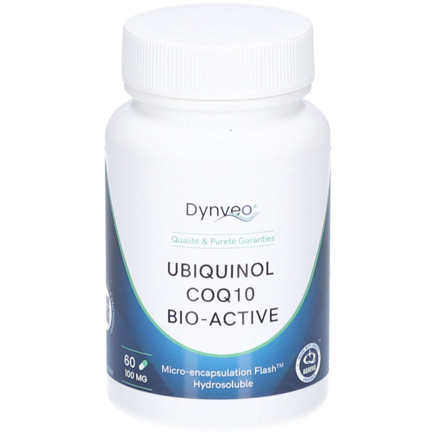 Weiße Flasche mit DYNVEO Ubiquinol Coq10 Bio-Active. 60 Kapseln, 100 mg. Aufschrift: Micro-encapsulation Flash, Hydrosoluble.