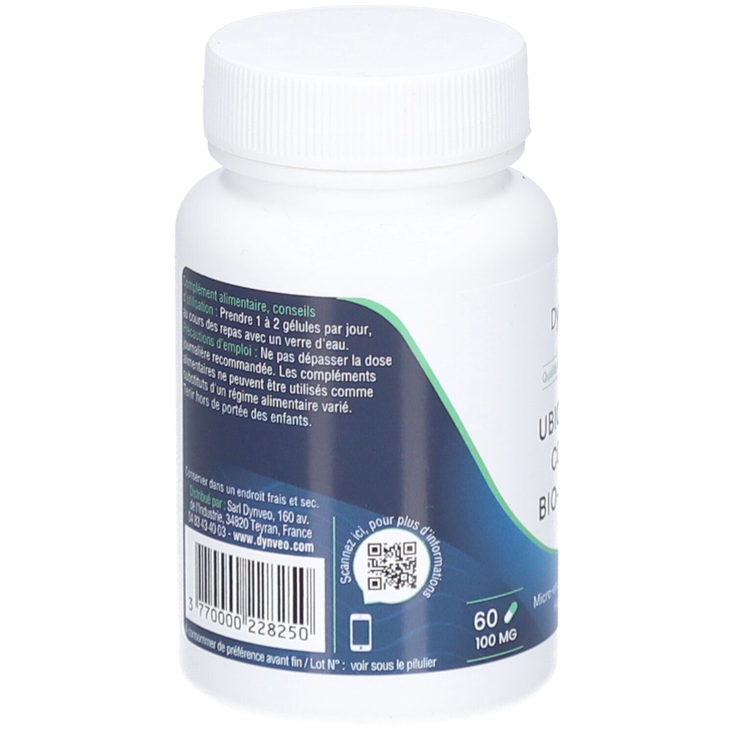Rückseite einer weißen Flasche mit DYNVEO Ubiquinol Coq10 Bio-Active. Text: Gebrauchsanweisung, QR-Code, 60 Kapseln, 100 mg.