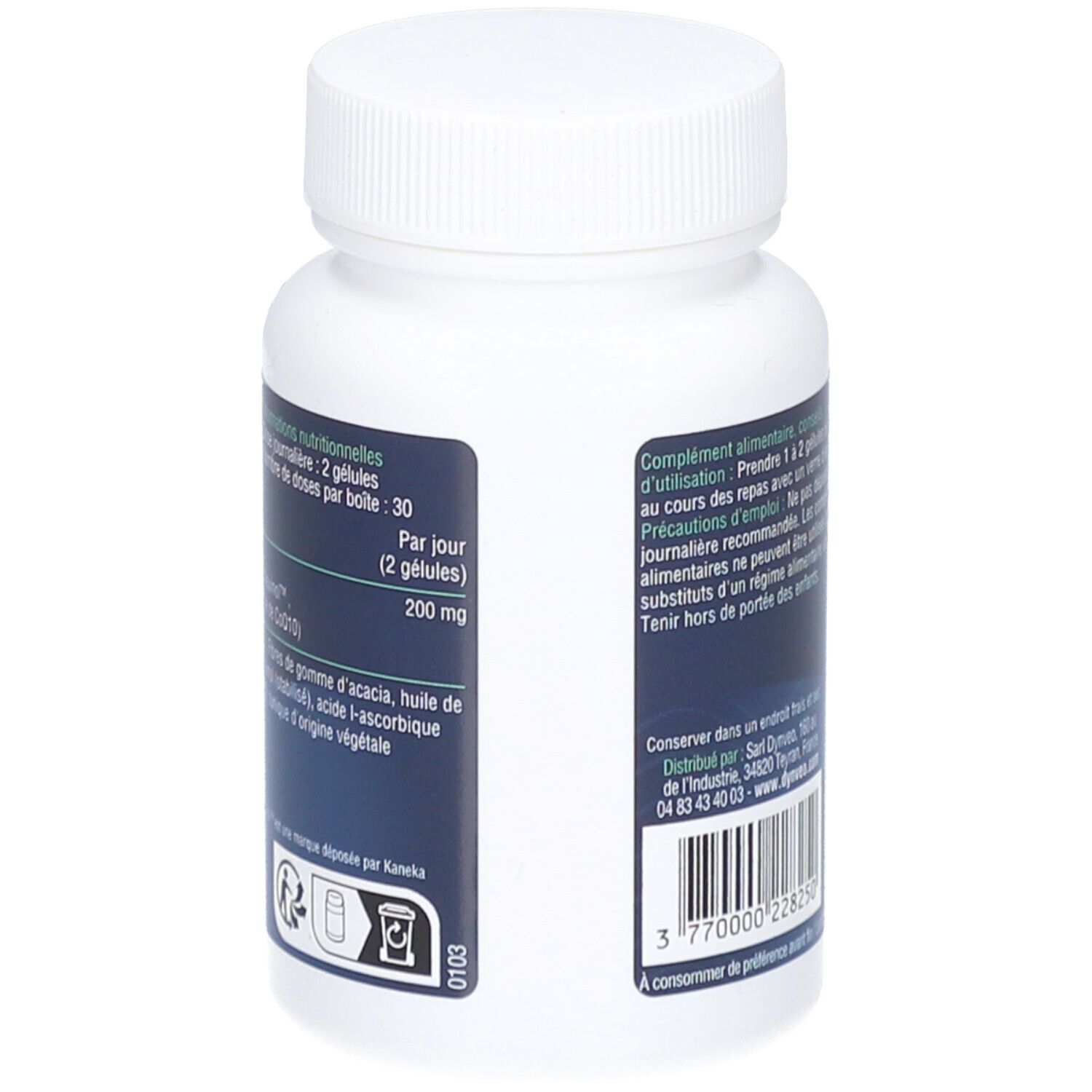 Rückseite einer weißen Flasche mit DYNVEO Ubiquinol Coq10 Bio-Active. Text: Nährwertangaben, 200 mg, QR-Code, 30 Kapseln.