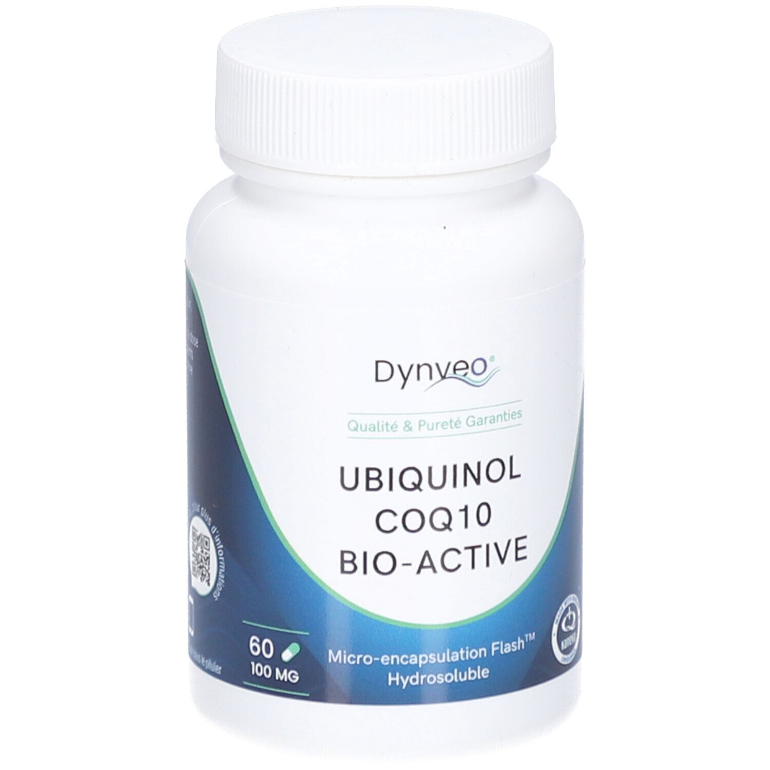 Weiße Flasche mit DYNVEO Ubiquinol Coq10 Bio-Active. 60 Kapseln, 100 mg. Aufschrift: Micro-encapsulation Flash, Hydrosoluble.