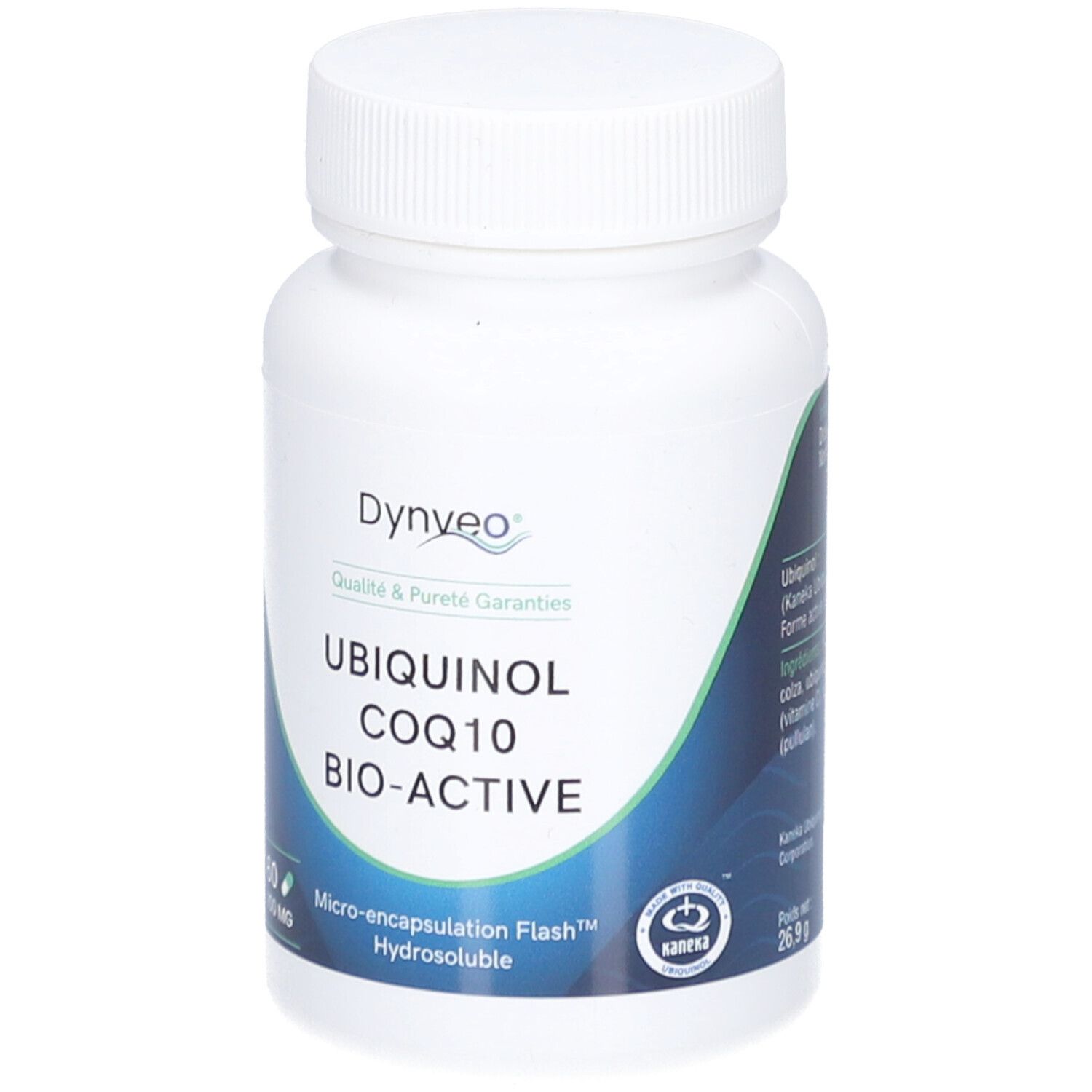 Weiße Flasche mit DYNVEO Ubiquinol Coq10 Bio-Active. 60 Kapseln, 100 mg. Aufschrift: Micro-encapsulation Flash, Hydrosoluble.