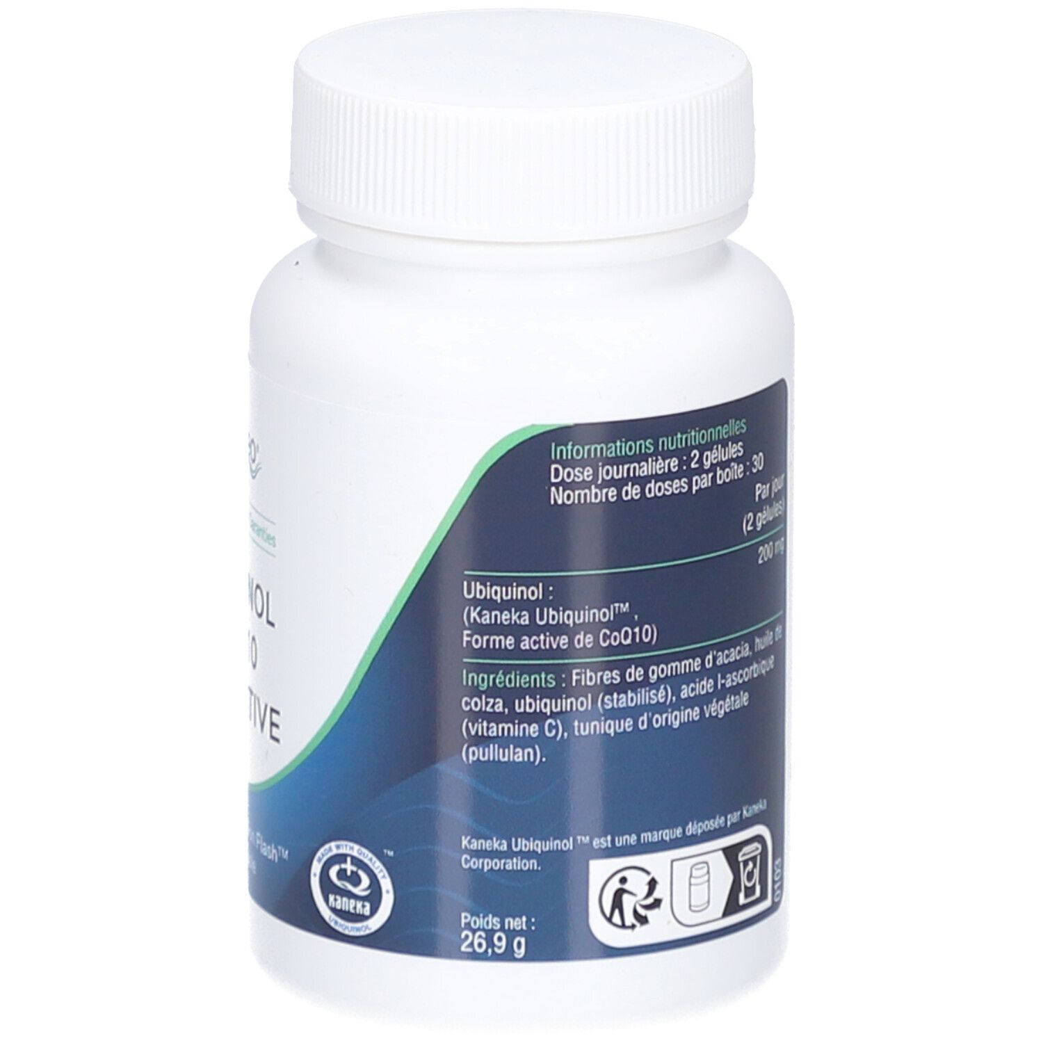 Rückseite einer weißen Flasche mit DYNVEO Ubiquinol Coq10 Bio-Active. Text: Nährwertangaben, 26,9 g, Inhaltsstoffe, 30 Kapseln.