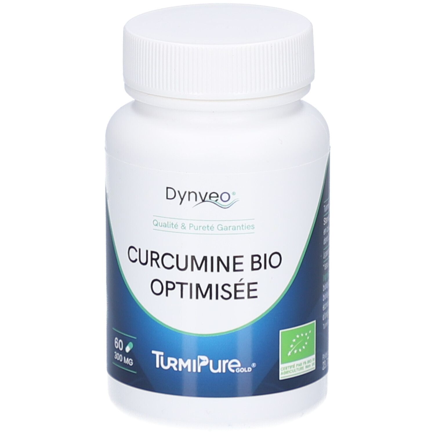 Flacon blanc Dynveo Curcumine Bio Optimisée. 60 gélules, 300 mg. Label bio. TurmiPure Gold.