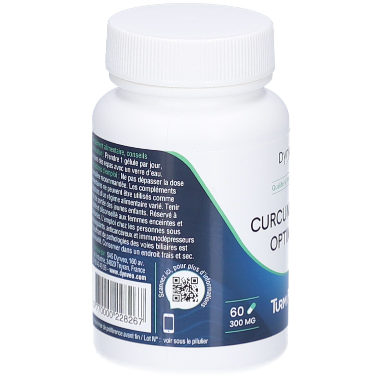 Dos du flacon blanc. Texte: Dynveo Curcumine Bio Optimisée. 60 gélules, 300 mg. Code QR.