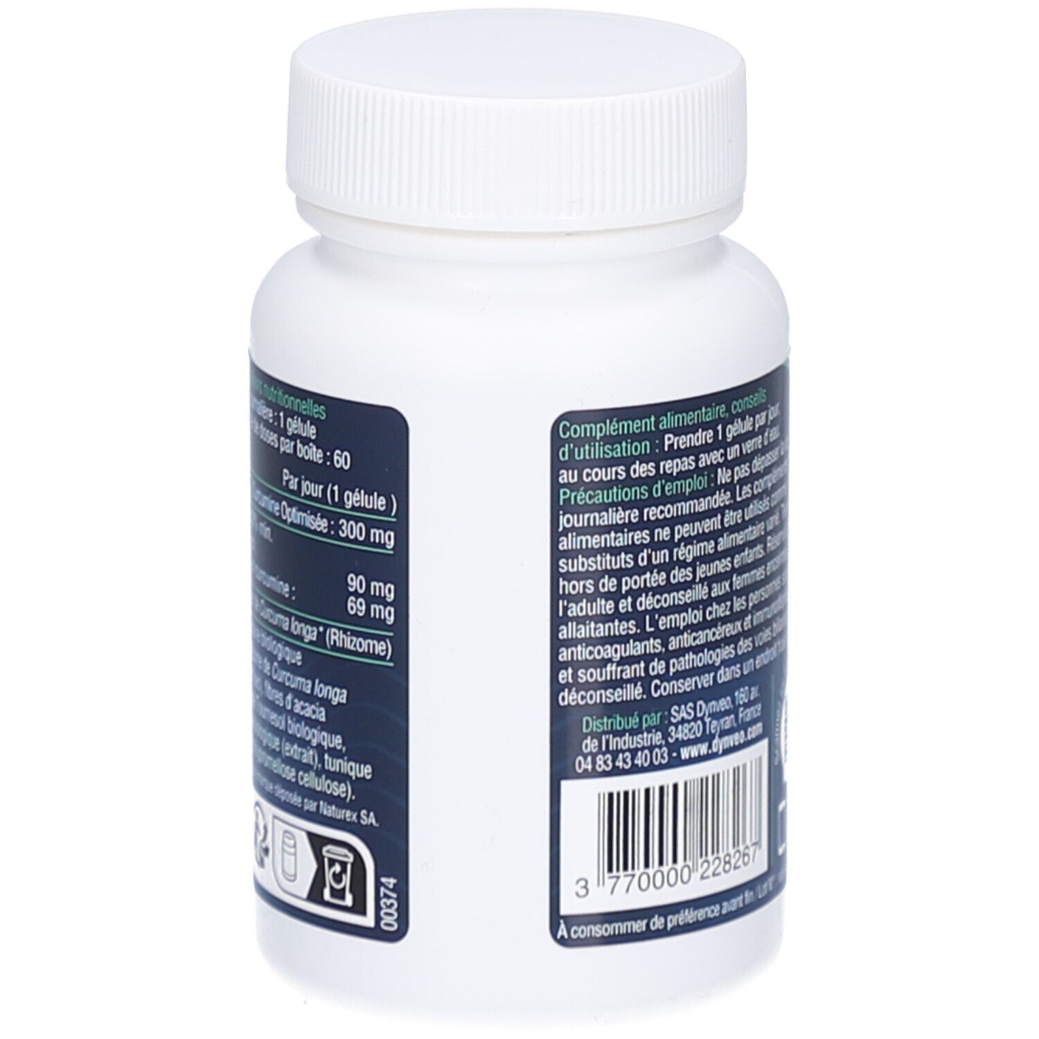 Dos du flacon blanc. Texte: Dynveo Curcumine Bio Optimisée. Ingrédients, dosage.