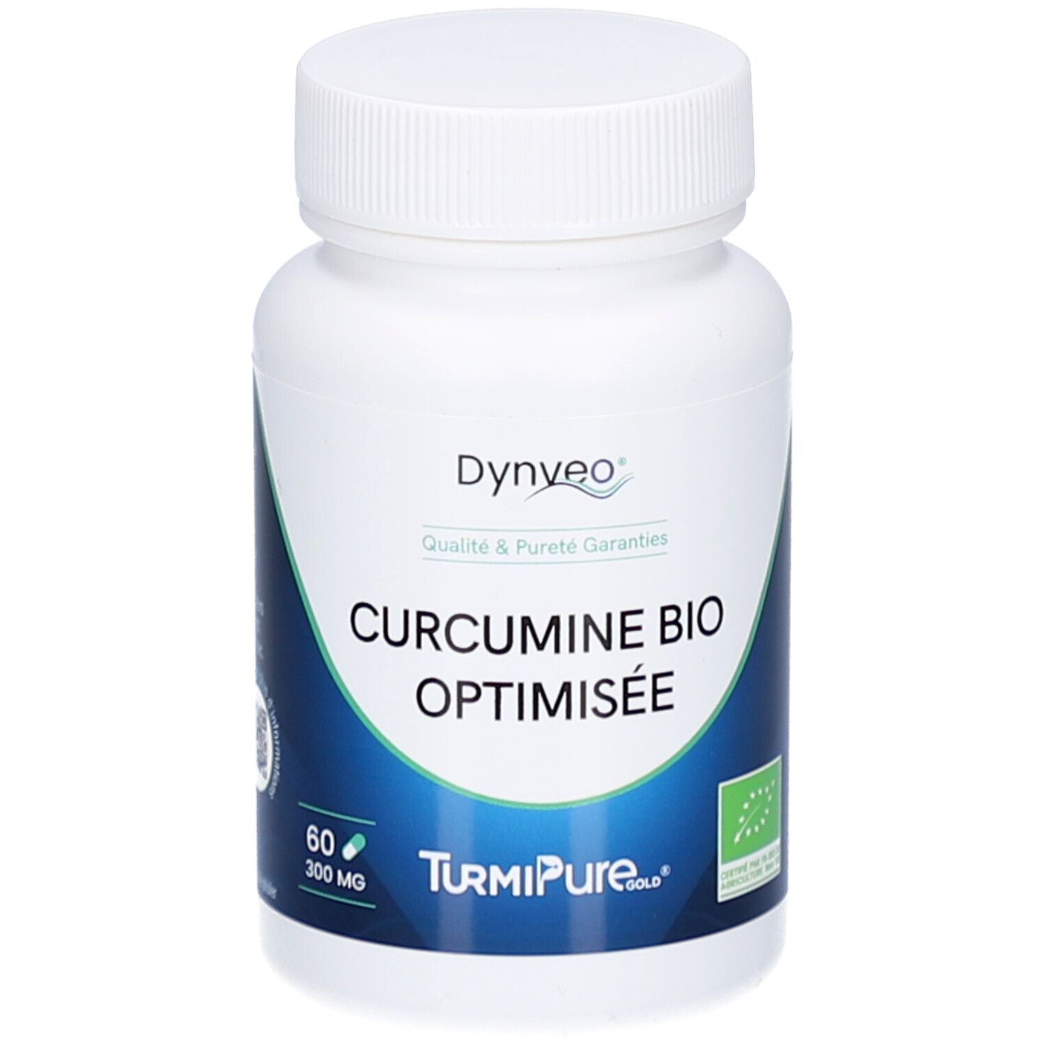 Flacon blanc Dynveo Curcumine Bio Optimisée. 60 gélules, 300 mg. Label bio. TurmiPure Gold.