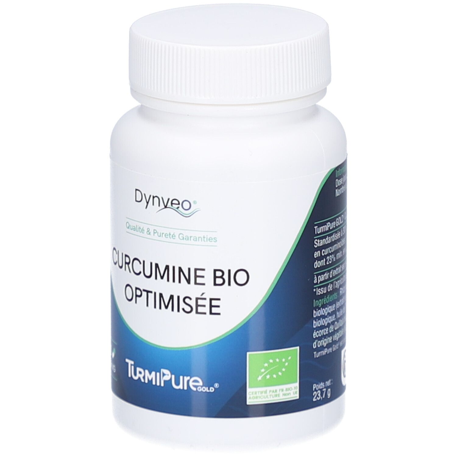 Flacon blanc Dynveo Curcumine Bio Optimisée. 60 gélules, 300 mg. Label bio. TurmiPure Gold. 23,7 g.