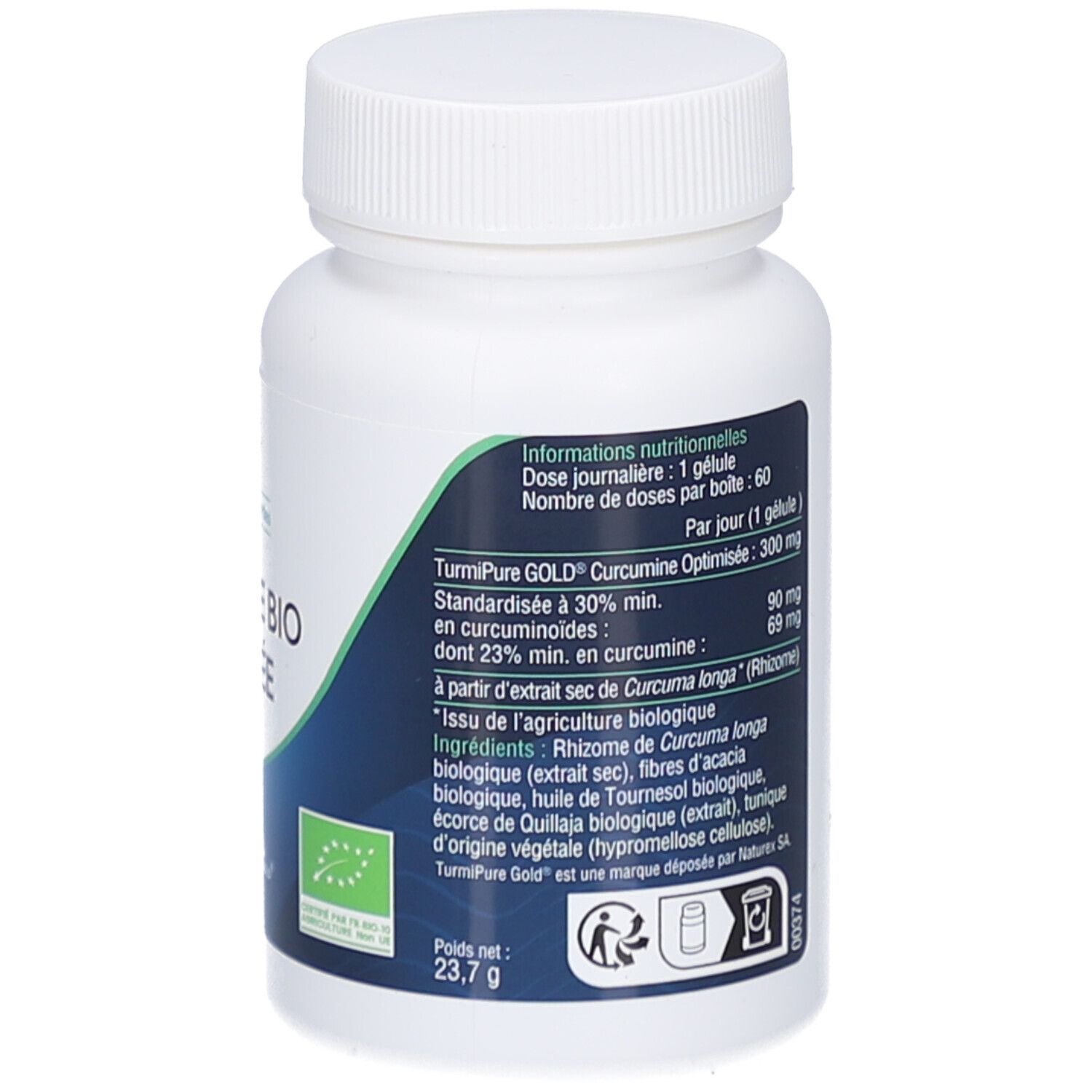 Dos du flacon blanc. Texte: Dynveo Curcumine Bio Optimisée. Ingrédients, dosage. 23,7 g.