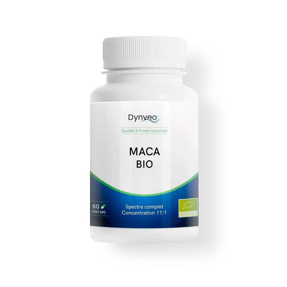 Bouteille blanche Dynveo Maca BIO, 60 gélules, 500 mg.