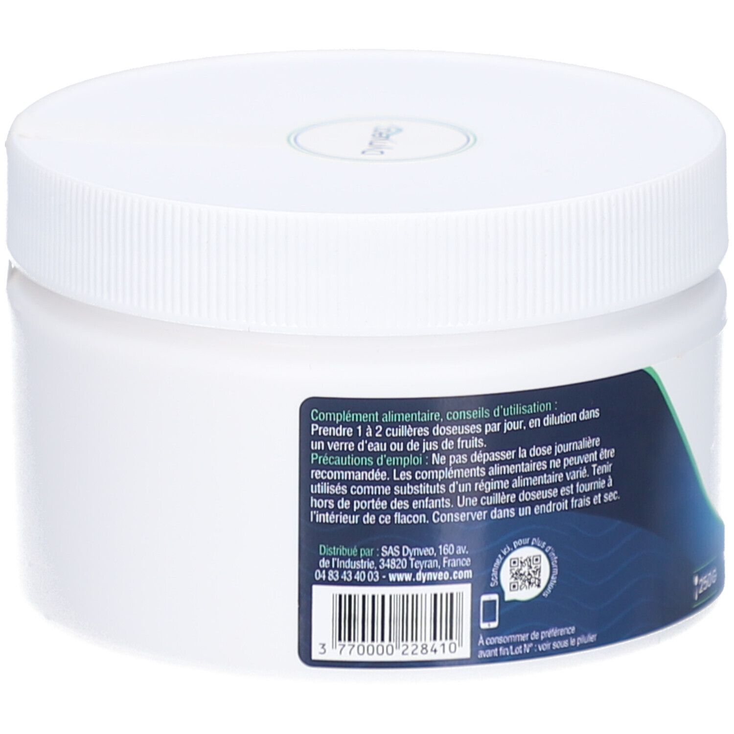 Rückseite der weißen Dose. Etikett mit Informationen zu Inhaltsstoffen und Anwendung. Barcode und QR-Code.