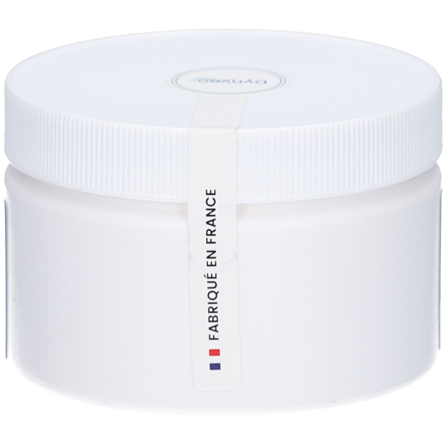 Weiße Dose mit Schraubverschluss. Aufkleber mit 'Fabriqué en France' und französischer Flagge.
