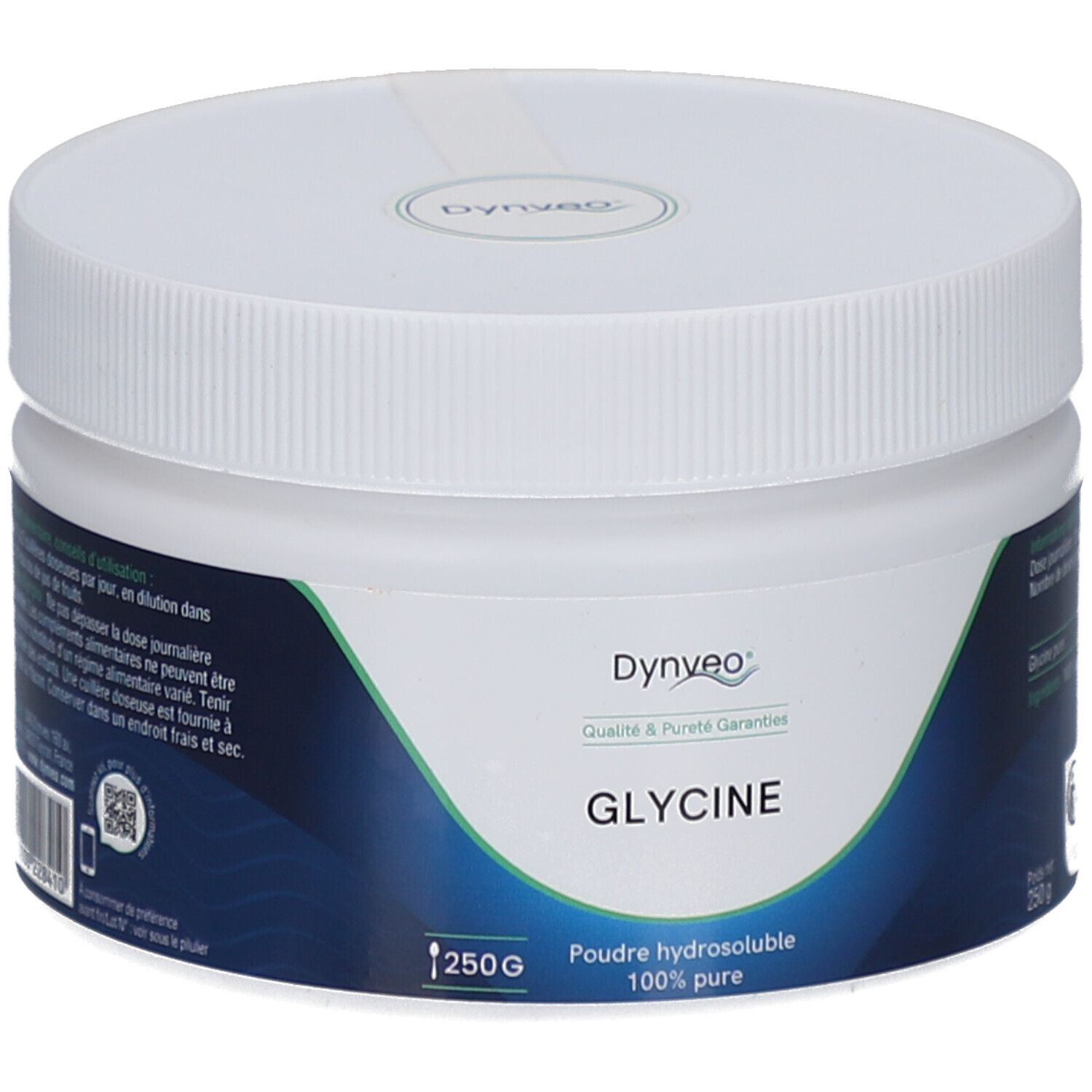 Weiße Dose mit Schraubverschluss. Aufschrift: DYNVEO Glycine, 250g, Poudre hydrosoluble 100% pure. Blau-weiße Etiketten.