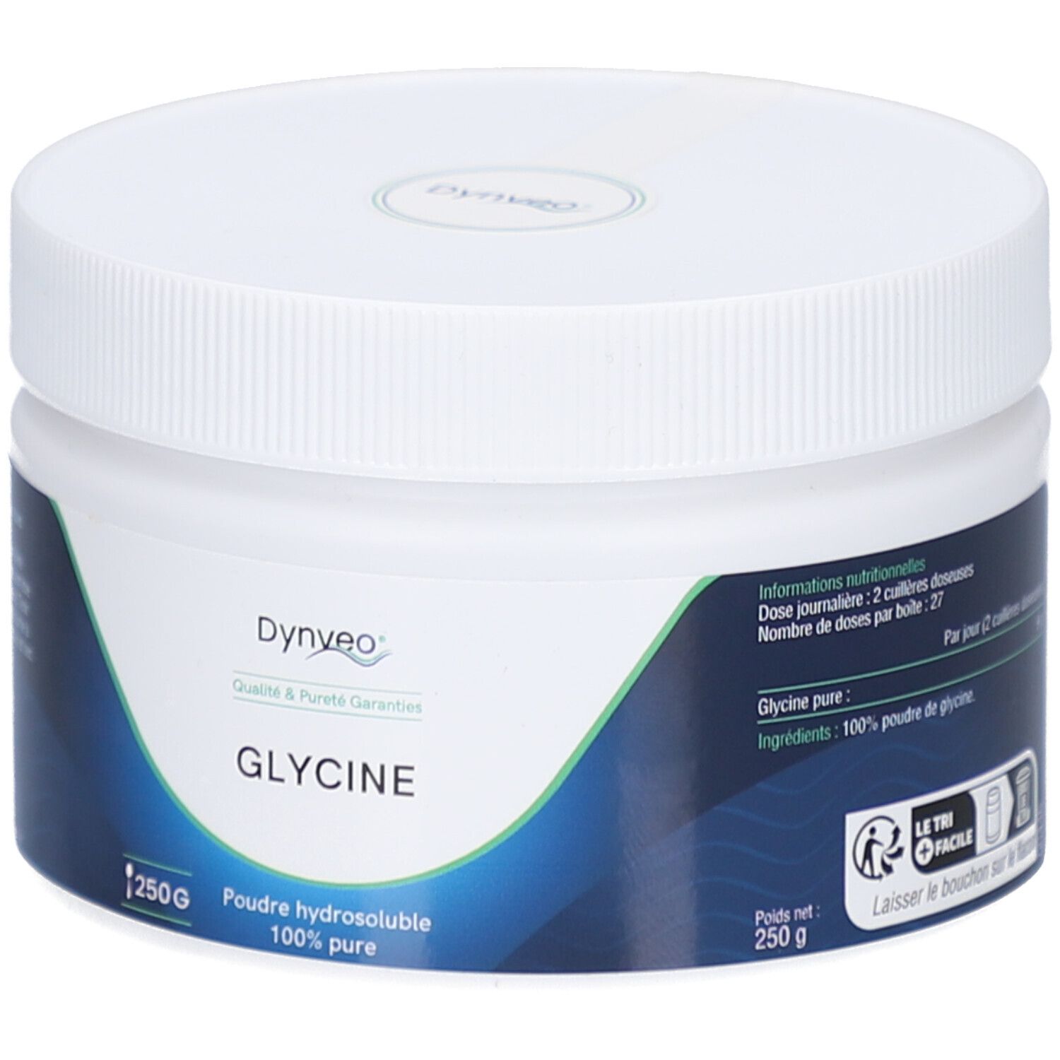 Weiße Dose mit Schraubverschluss. Aufschrift: DYNVEO Glycine, 250g, Poudre hydrosoluble 100% pure. Etikett mit Informationen.