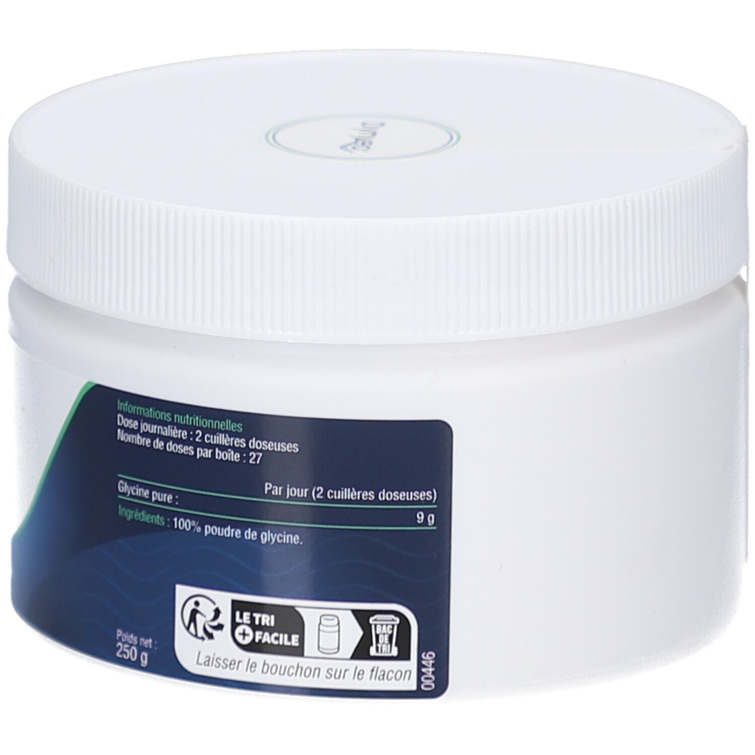 Rückseite der weißen Dose. Etikett mit Nährwertangaben und Informationen. 'Le Tri Facile' Symbol.