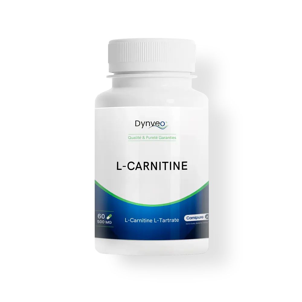 Weiße Flasche mit L-Carnitin-Etikett, 60 Kapseln, 500 mg.