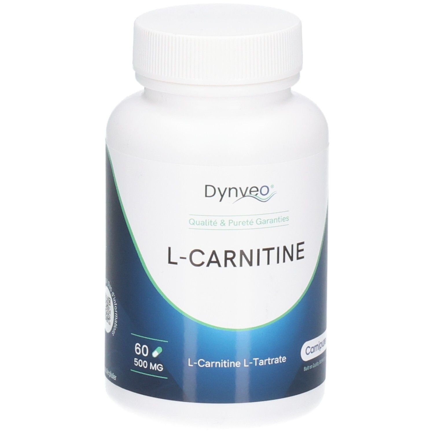 Weiße Flasche mit Schraubverschluss. Aufschrift: Dynveo, L-Carnitine, 60 Kapseln, 500 MG.