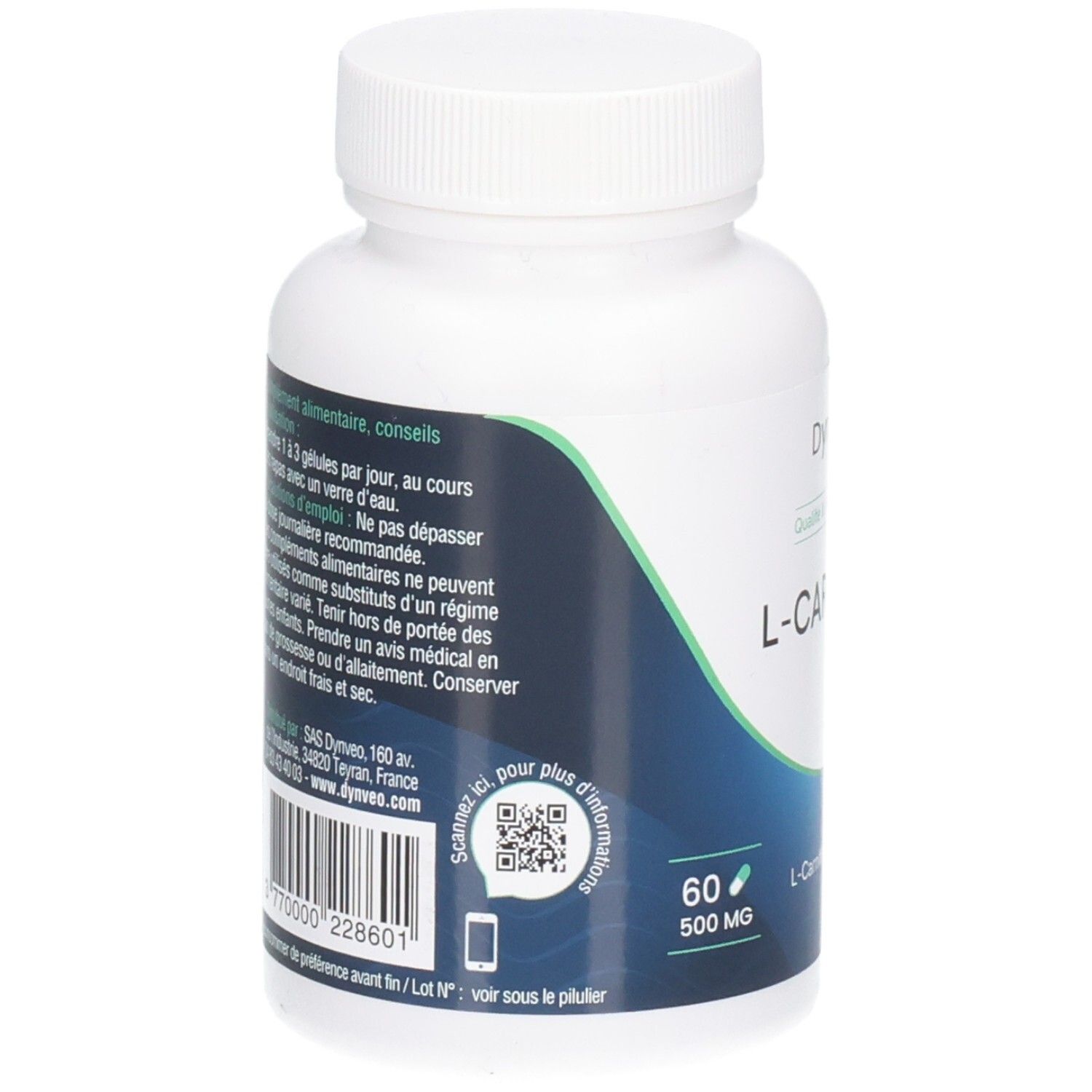 Rückseite der weißen Flasche. Text und QR-Code. Aufschrift: Dynveo, L-Carnitine, 60 Kapseln, 500 MG.