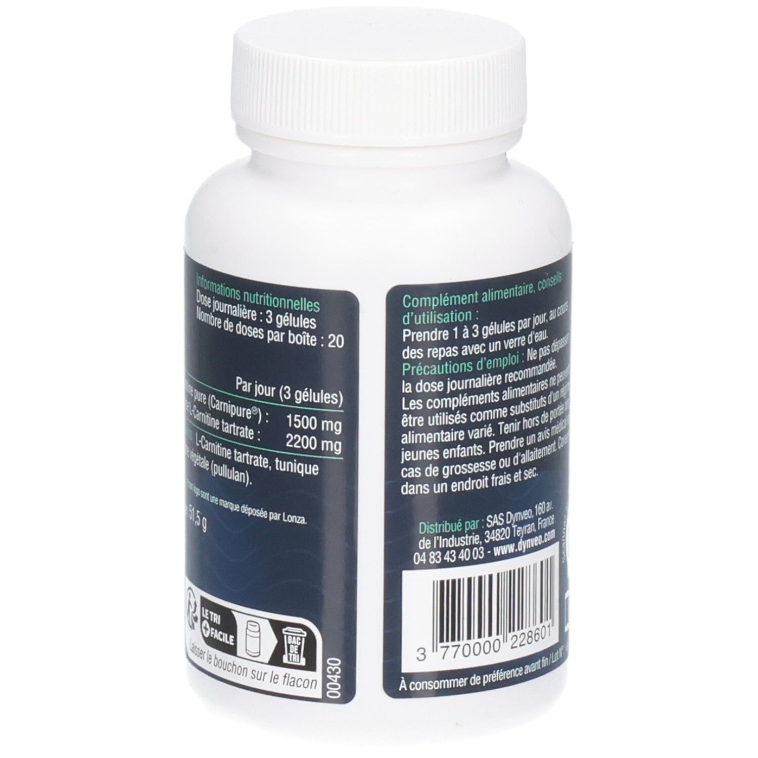 Rückseite der weißen Flasche. Text mit Nährwertangaben. Aufschrift: Dynveo, L-Carnitine.