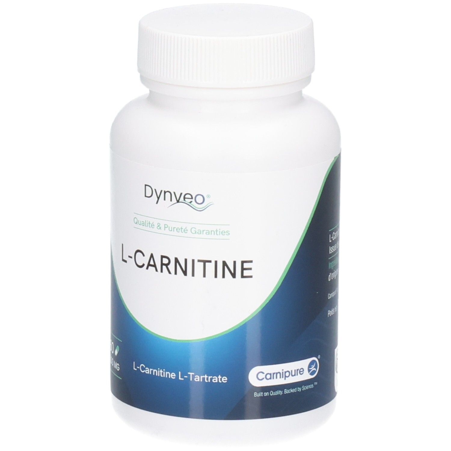 Weiße Flasche mit Schraubverschluss. Aufschrift: Dynveo, L-Carnitine, Carnipure®.