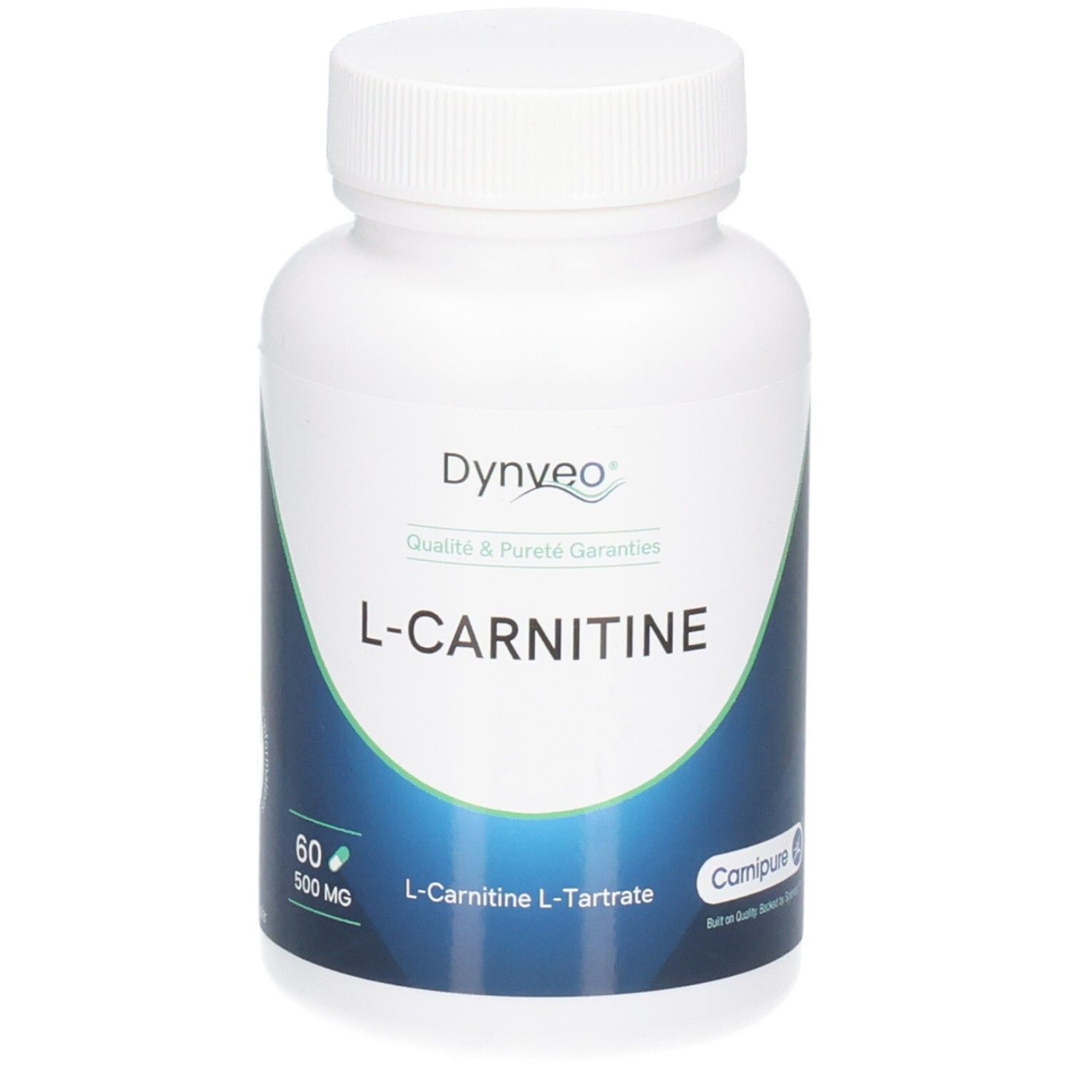 Weiße Flasche mit Schraubverschluss. Aufschrift: Dynveo, L-Carnitine, 60 Kapseln, 500 MG.