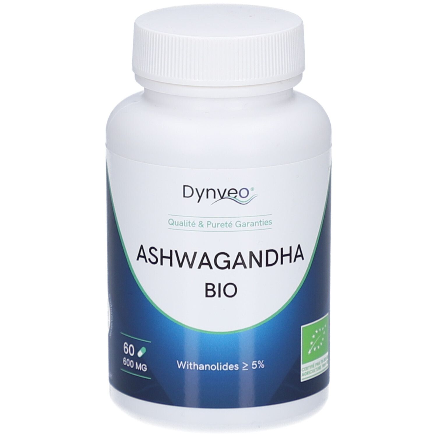 Weiße Flasche mit Kapseln. Aufschrift: Ashwagandha Bio, 60 Kapseln, 600 mg. Bio-Siegel.