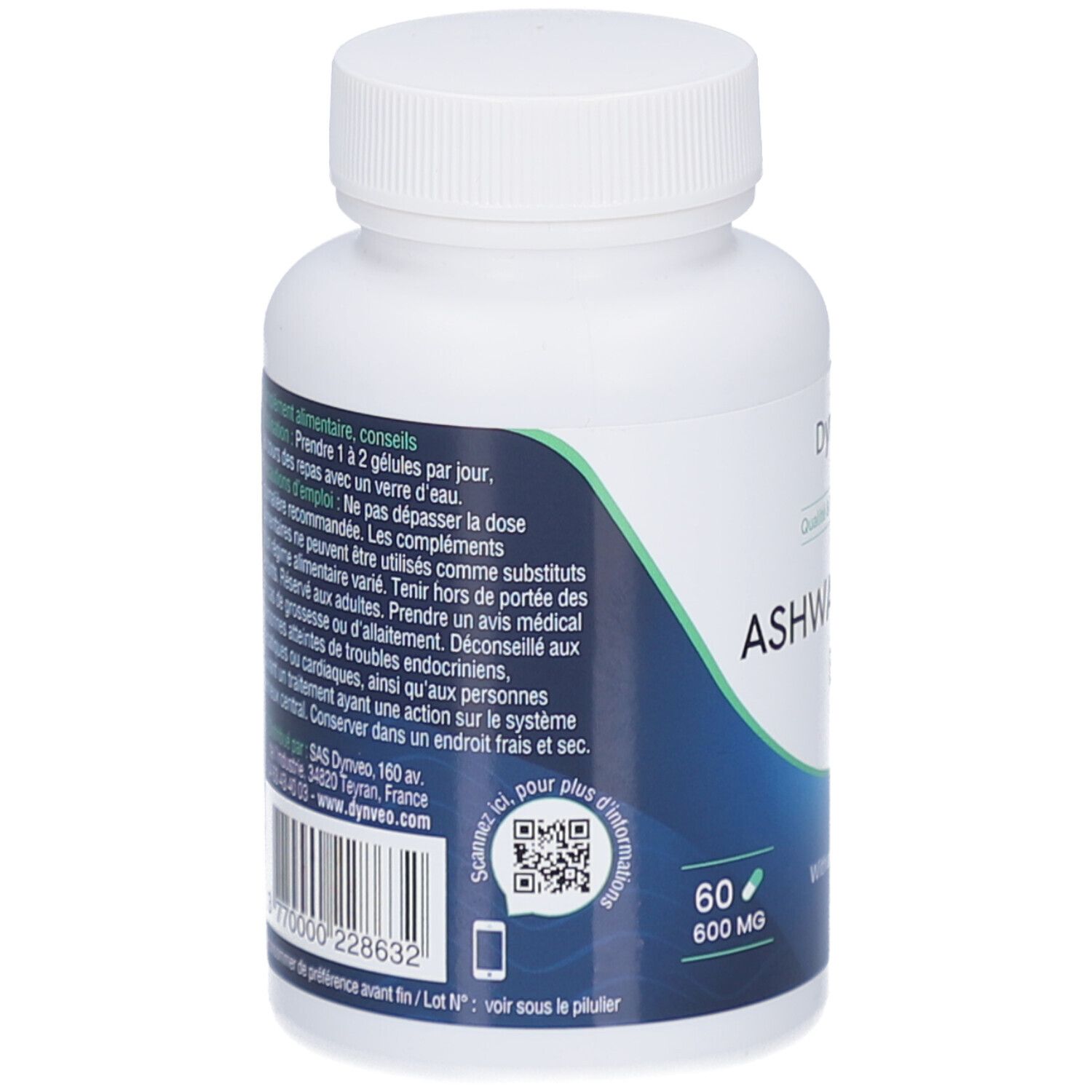 Rückseite der weißen Flasche. Text und QR-Code. Enthält 60 Kapseln mit 600 mg.