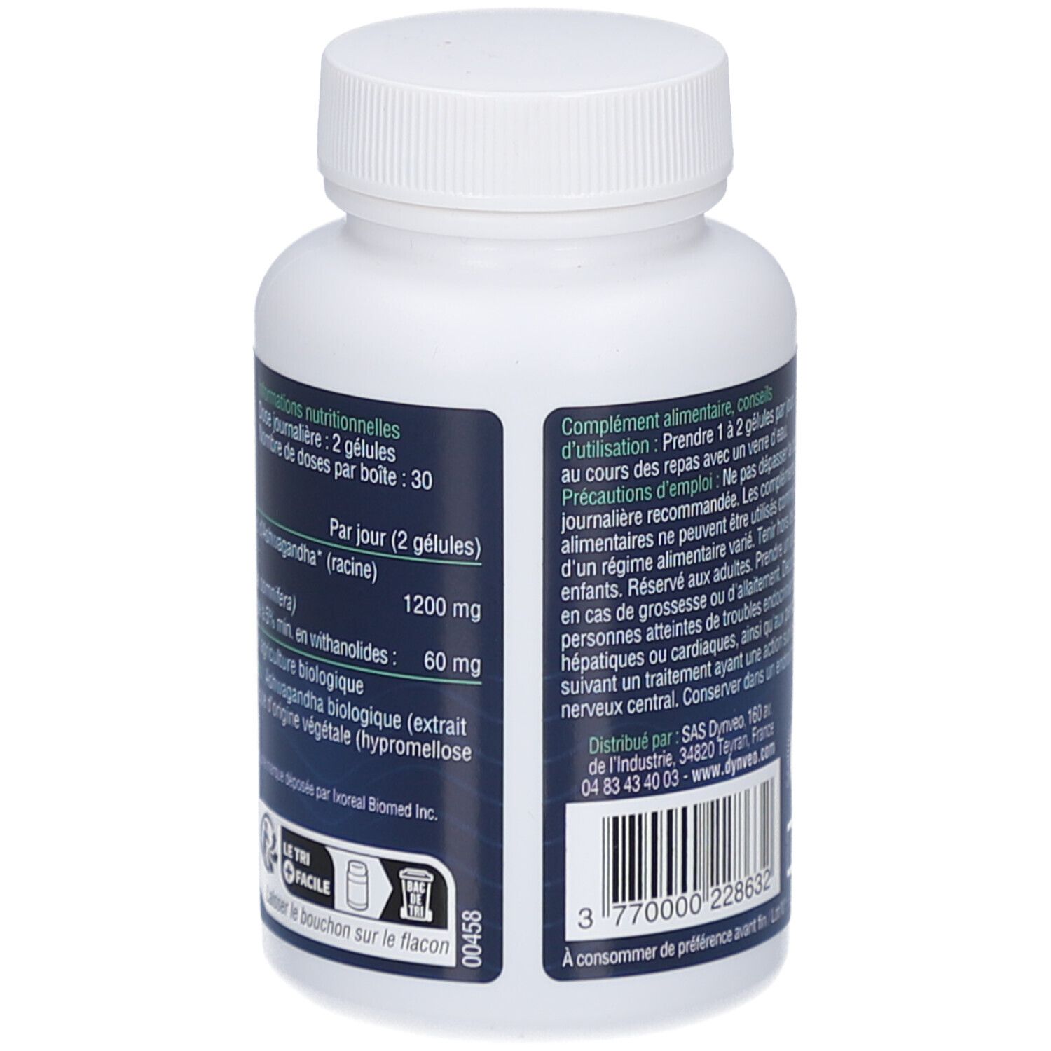 Rückseite der Flasche. Zutatenliste und Nährwertangaben. 30 Portionen pro Packung.