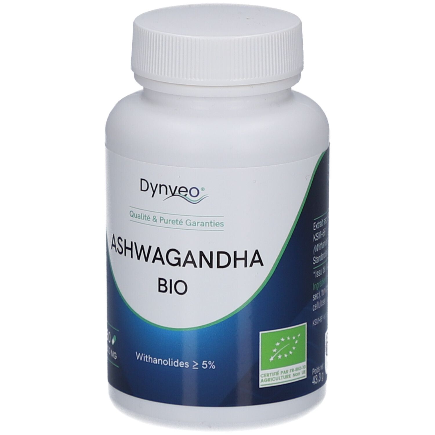 Weiße Flasche mit Kapseln. Aufschrift: Ashwagandha Bio, 60 Kapseln, 600 mg. Bio-Siegel.