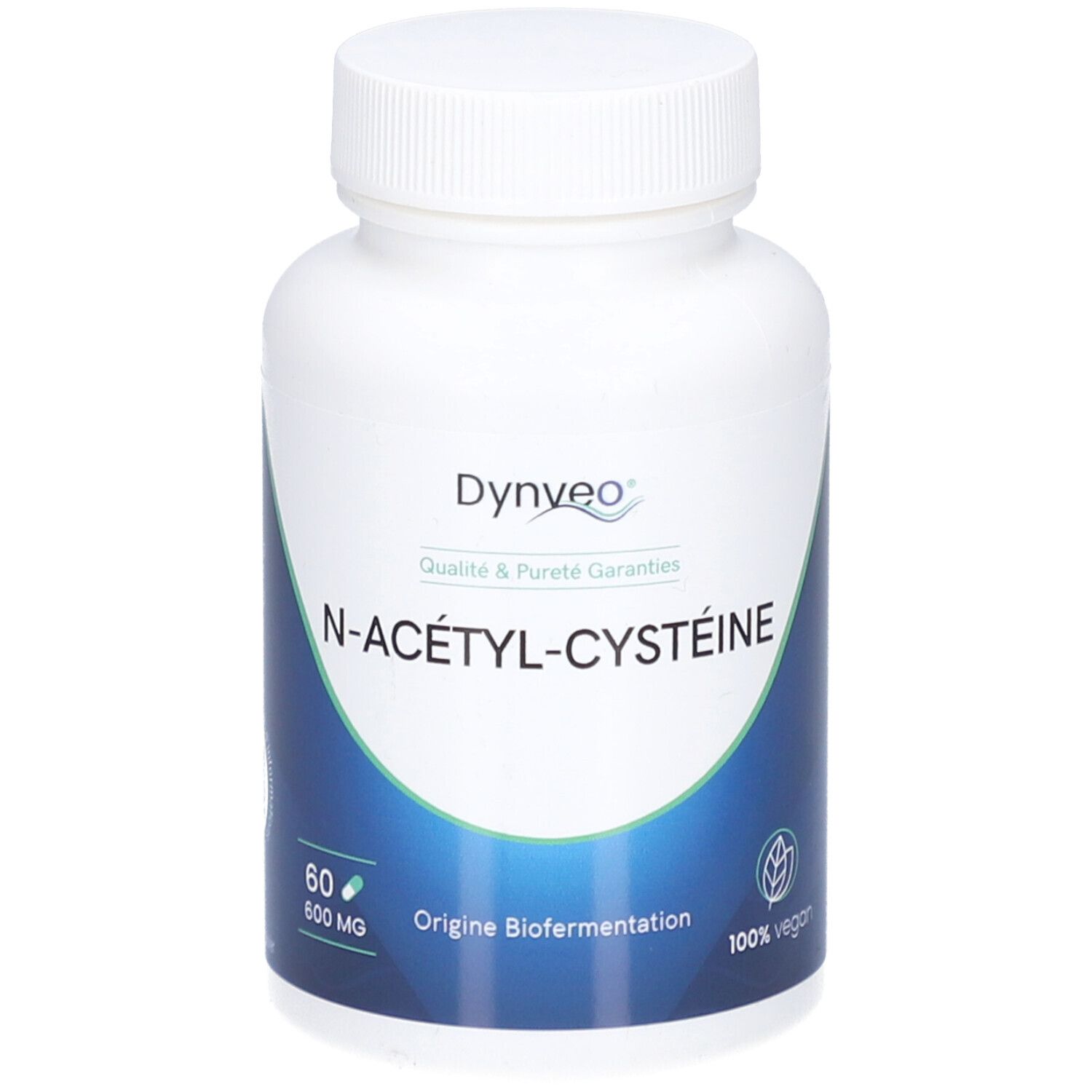 Weiße Flasche mit Kapseln. Aufschrift: Dynveo, NAC N-Acetyl-Cystéine, 60 Kapseln, 600 mg. 100% vegan.