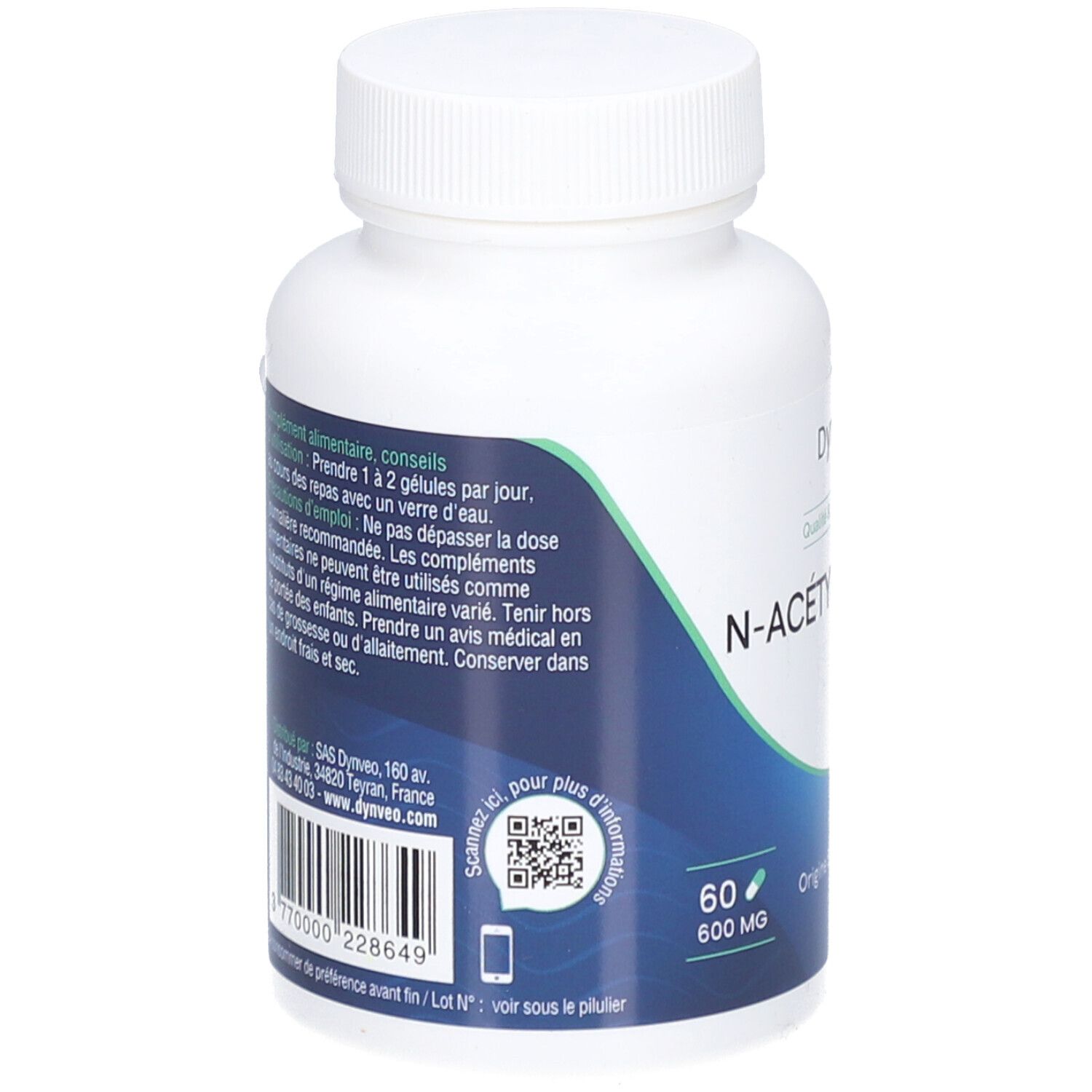 Rückseite einer weißen Flasche mit Kapseln. Text: Dosierung, Inhaltsstoffe, QR-Code, 60 Kapseln, 600 mg.