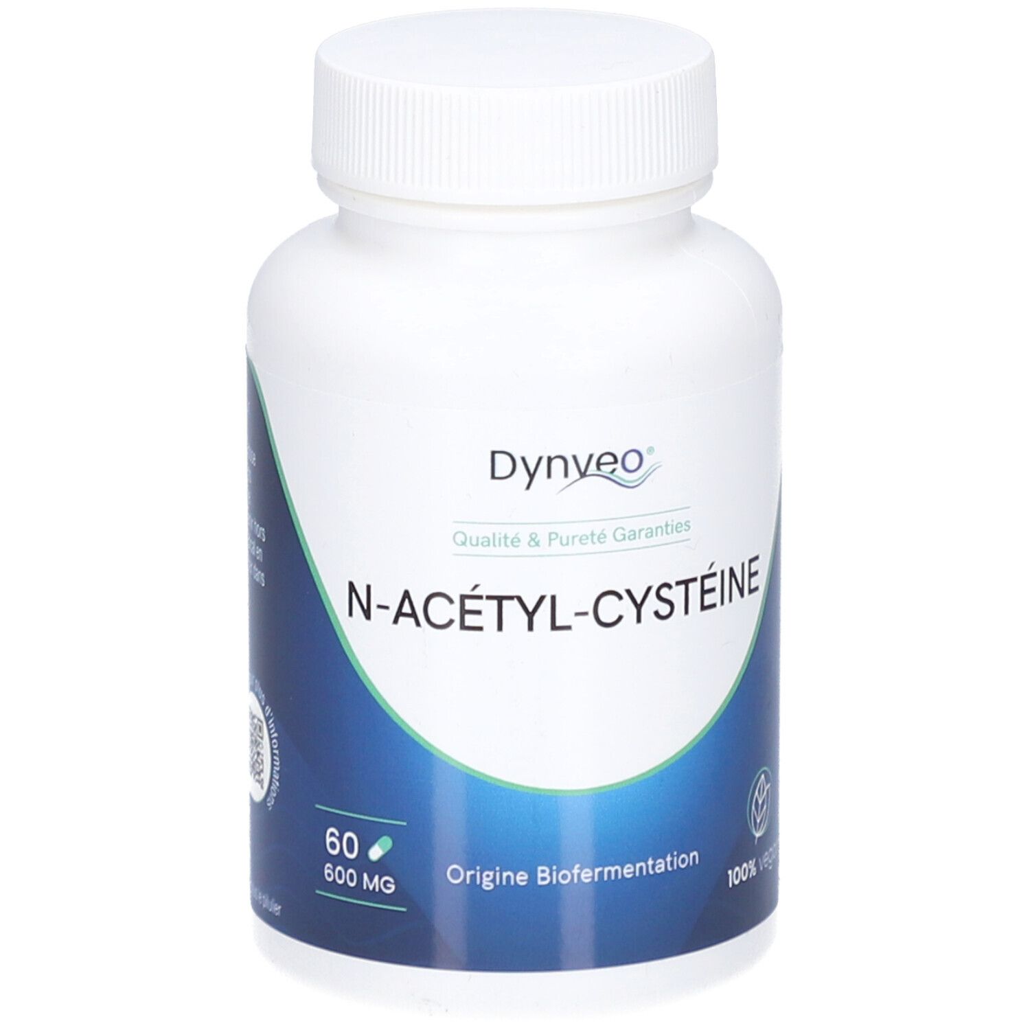 Weiße Flasche mit Kapseln. Aufschrift: Dynveo, NAC N-Acetyl-Cystéine, 60 Kapseln, 600 mg. Ursprung: Biofermentation.