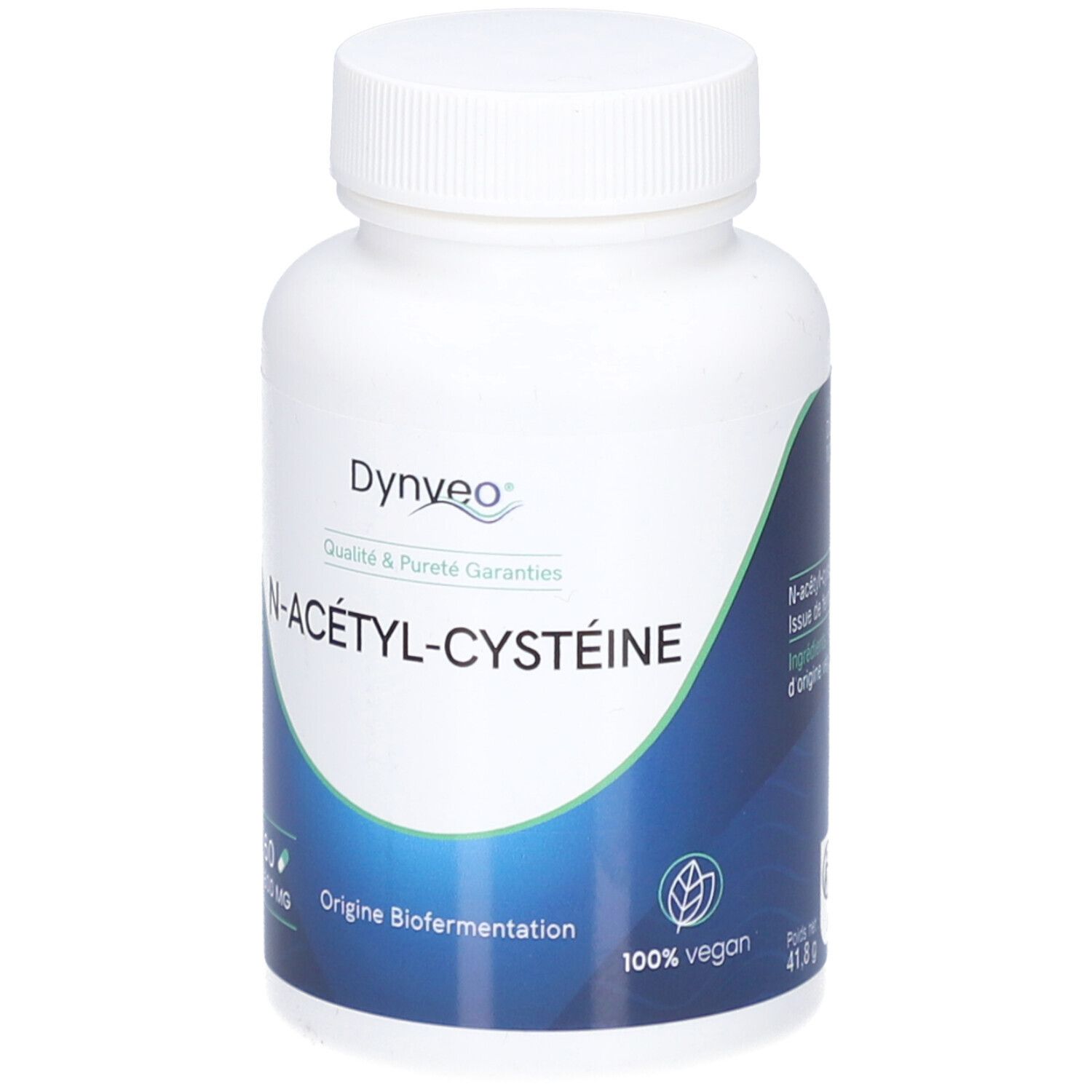 Weiße Flasche mit Kapseln. Aufschrift: Dynveo, NAC N-Acetyl-Cystéine, 60 Kapseln, 600 mg. 100% vegan.
