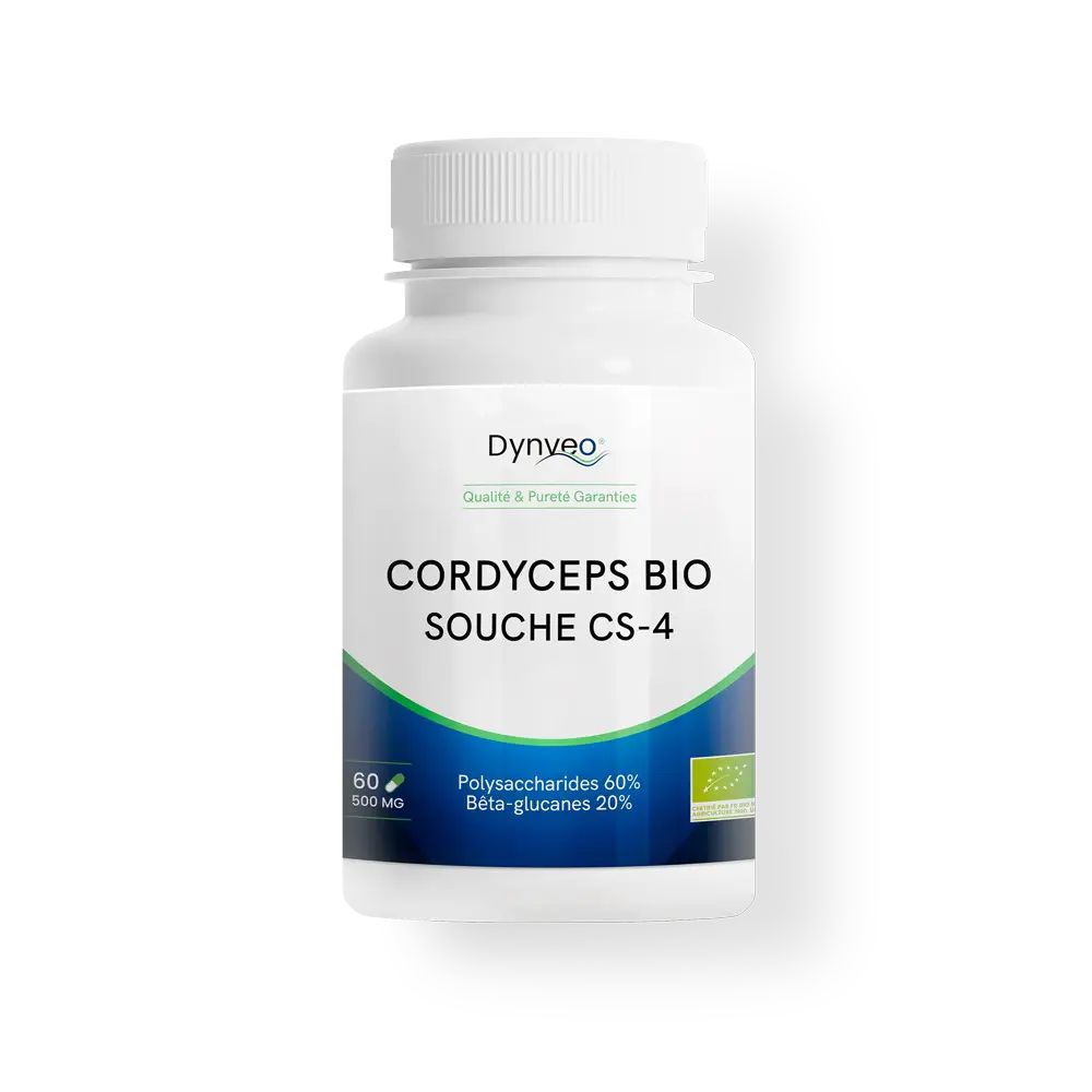 Weiße Dose mit Dynveo Cordyceps BIO Souche CS-4 Kapseln. Enthält 60 Kapseln à 500 mg.
