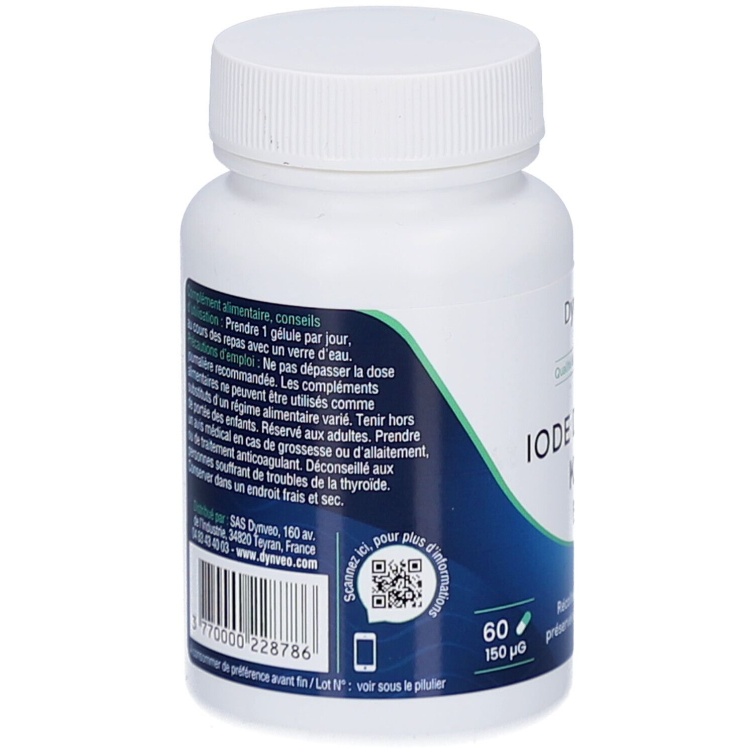 Rückseite der weißen Flasche. Textinformationen und QR-Code. Aufschrift: IODE D'ALGUE KELP BIO, 60, 150 µg.