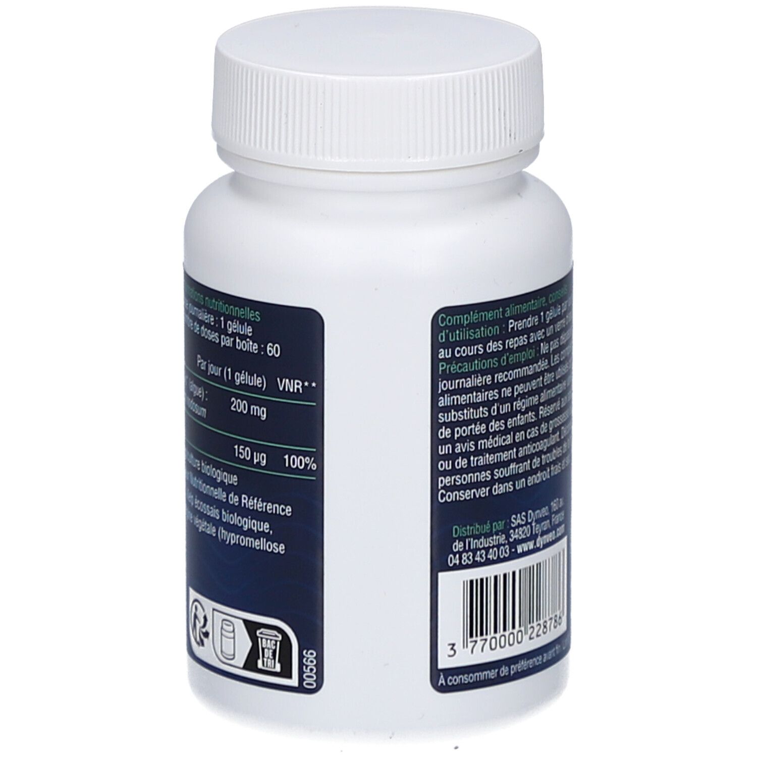 Rückseite der weißen Flasche. Textinformationen. Aufschrift: IODE D'ALGUE KELP BIO, 150 µg, 100%.