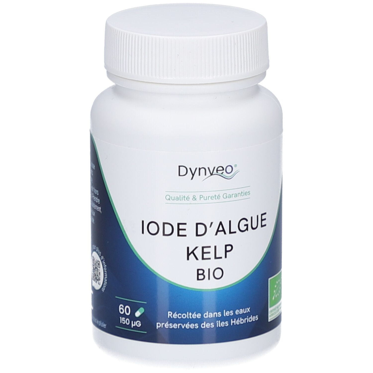 Weiße Flasche mit blauem Etikett. Aufschrift: DYNVEO, IODE D'ALGUE KELP BIO, 60 Kapseln, 150 µg. Bio-Siegel.