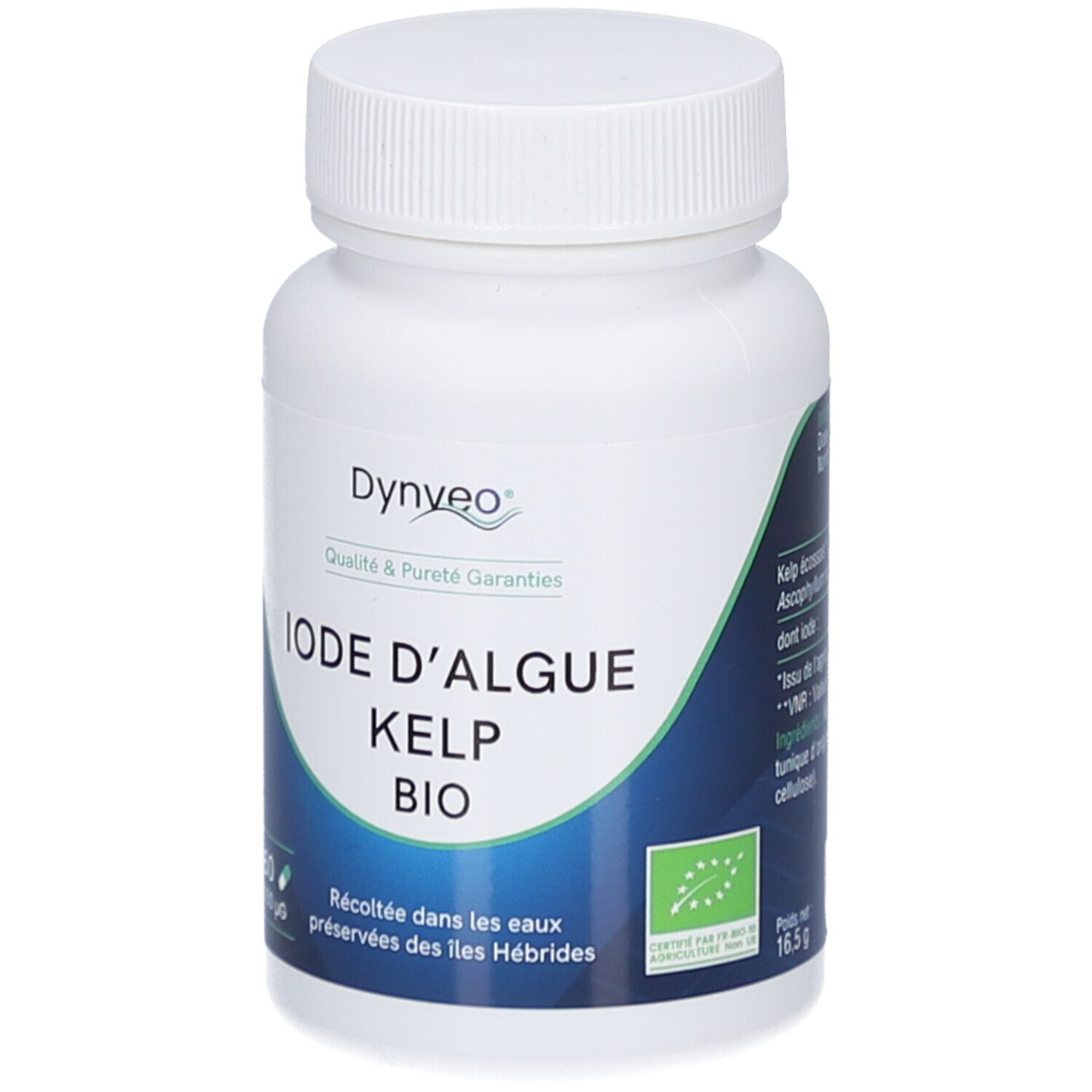 Weiße Flasche mit blauem Etikett. Aufschrift: DYNVEO, IODE D'ALGUE KELP BIO, 60 Kapseln, 150 µg. Bio-Siegel.