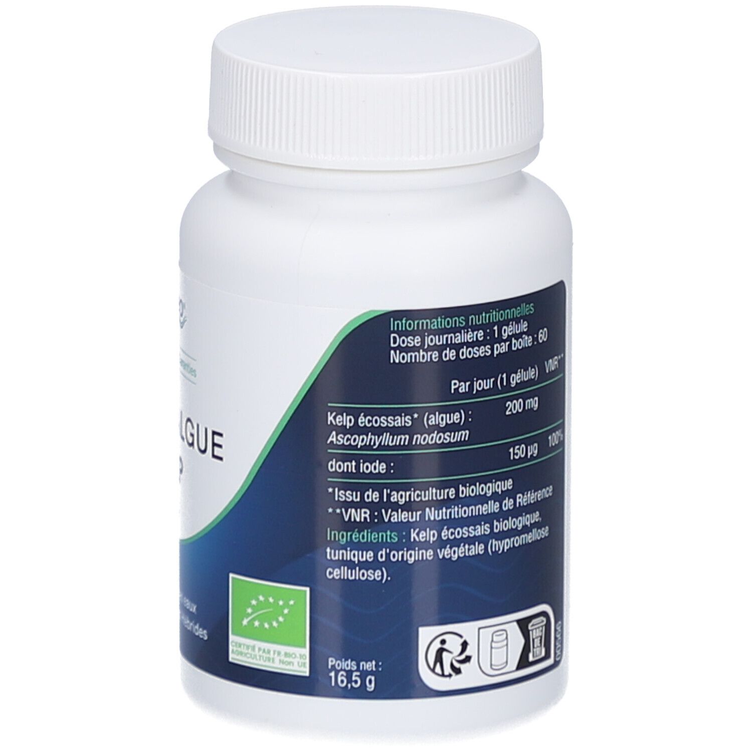 Rückseite der weißen Flasche. Textinformationen. Aufschrift: IODE D'ALGUE KELP BIO, 16,5 g. Bio-Siegel.