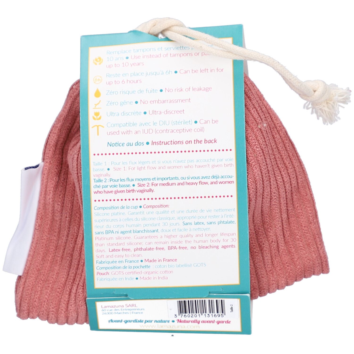 Rückseite des Etiketts mit Text. Informationen zu Gebrauch, Material und Größe. Text in Französisch.