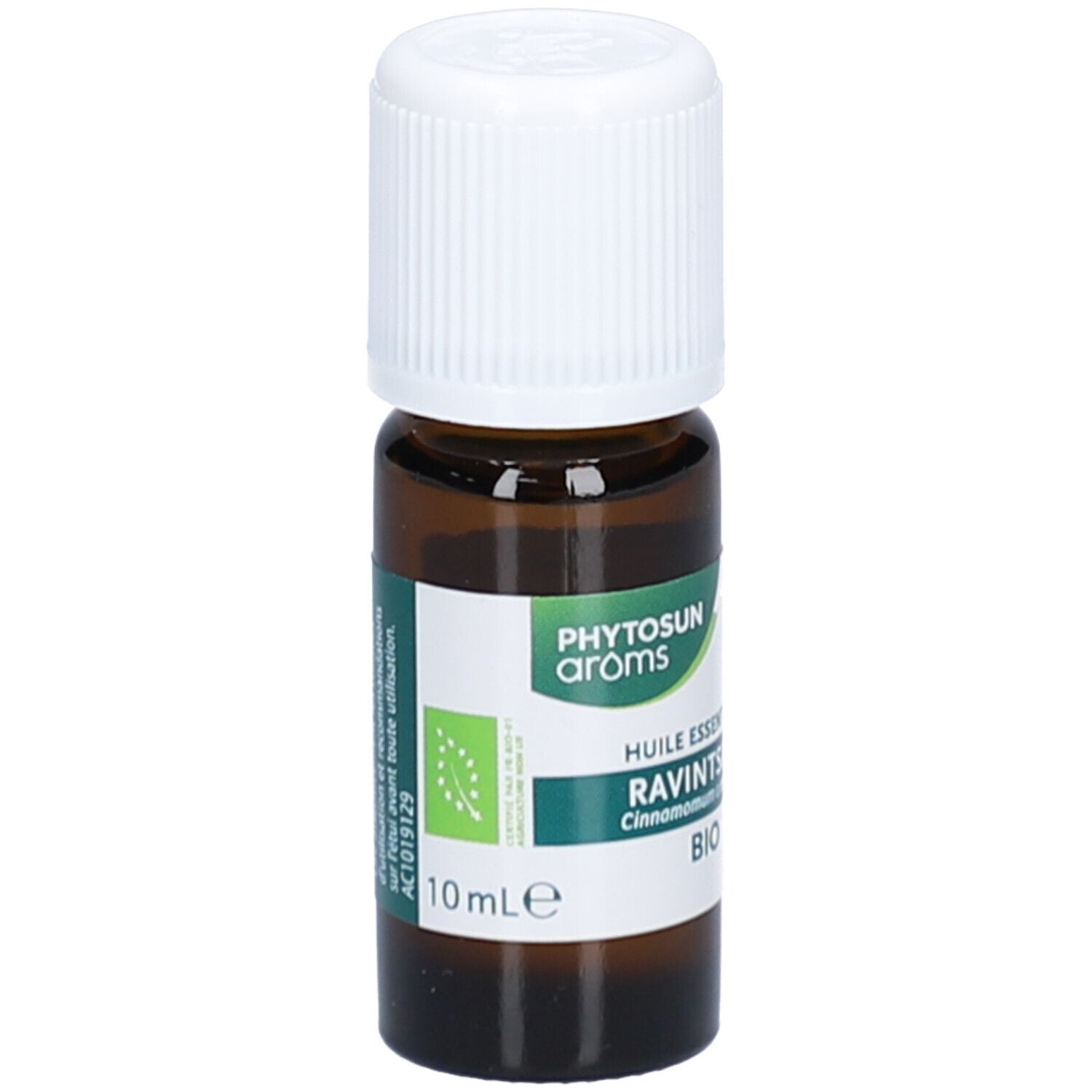 Braune Glasflasche mit weißem Verschluss. Etikett mit Text und Logo. BIO-Zertifizierung. 10 ml.