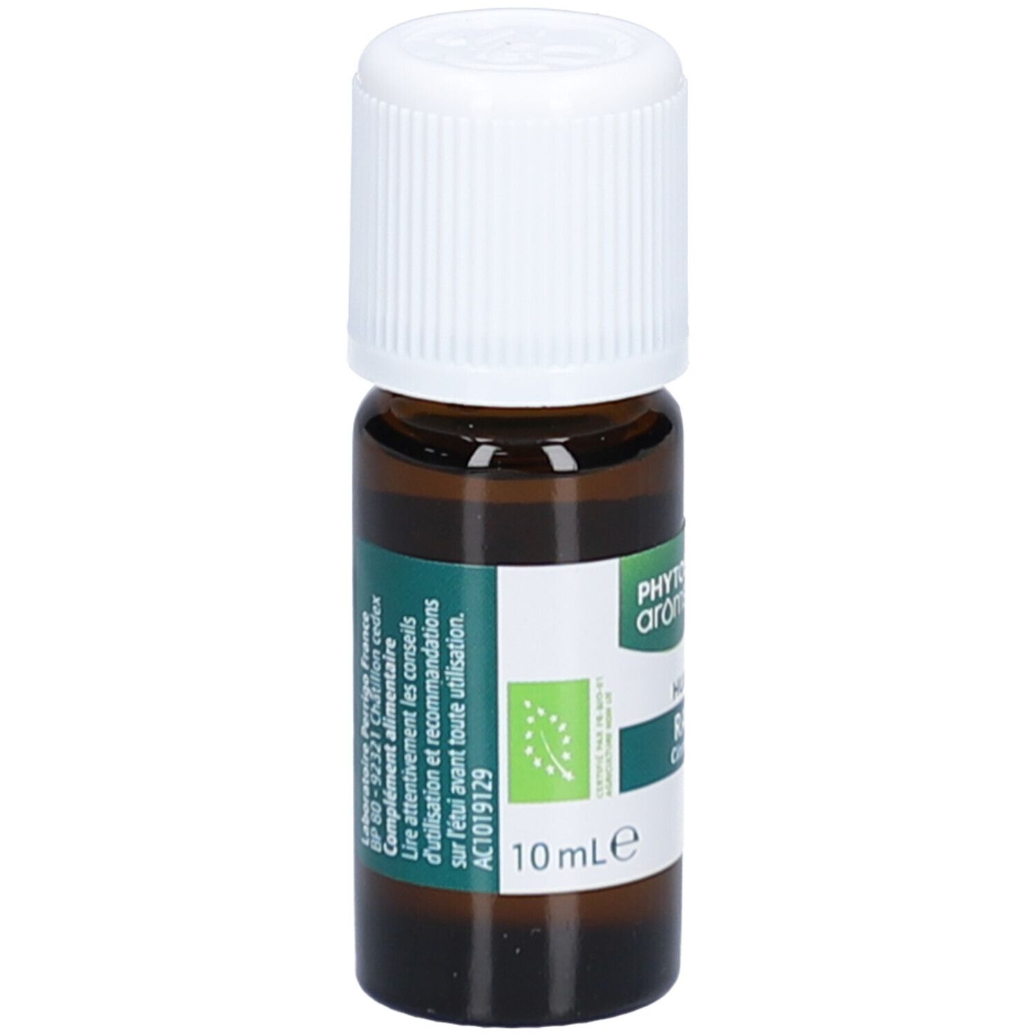 Braune Glasflasche mit weißem Verschluss. Etikett mit Text und Logo. BIO-Zertifizierung. 10 ml.