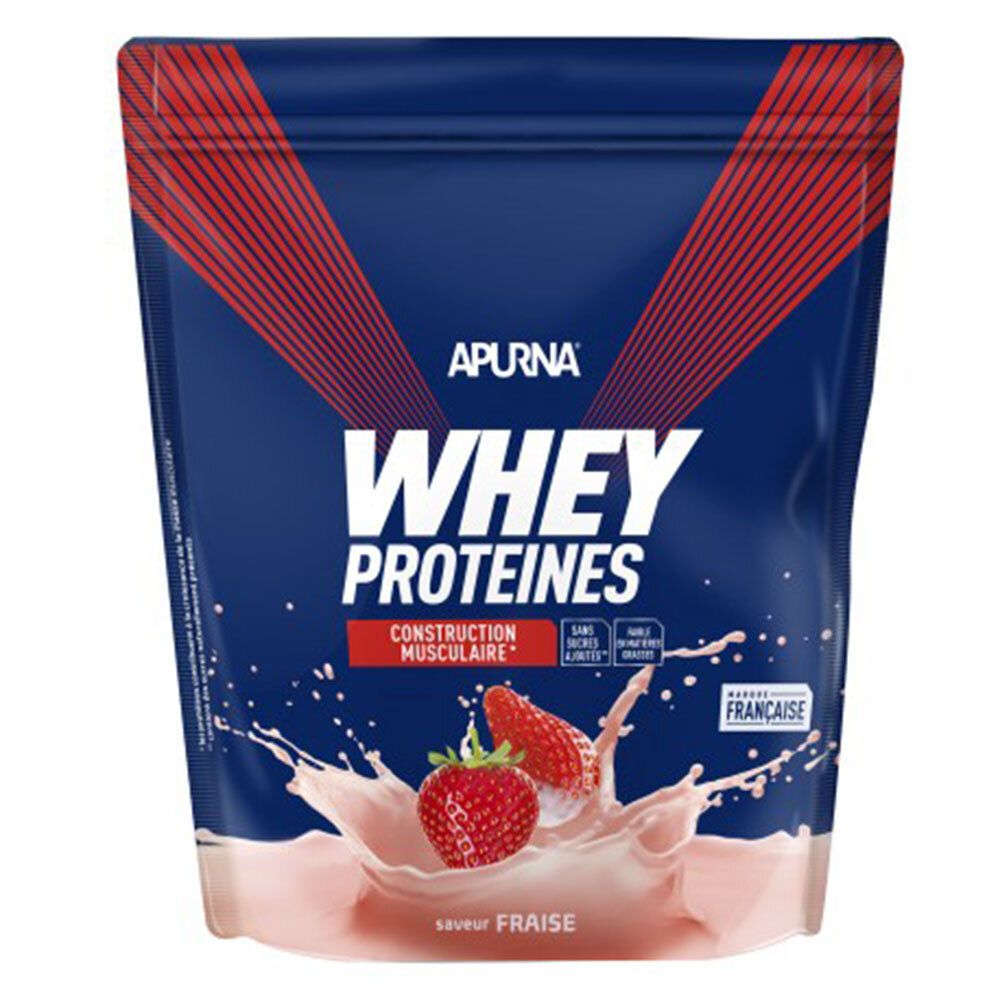 Beutel mit APURNA WHEY PROTEINE FRAISE. Roter und blauer Hintergrund. Erdbeeren und Milchspritzer. Text: WHEY PROTEINES, saveur FRAISE.