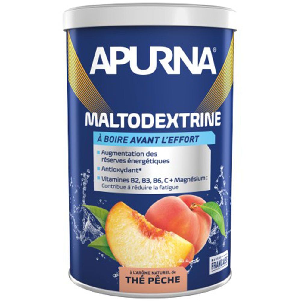 Zylindrische Dose mit APURNA Maltodextrin. Aufschrift: À boire avant l'effort. Pfirsich-Abbildung. Französische Flagge.